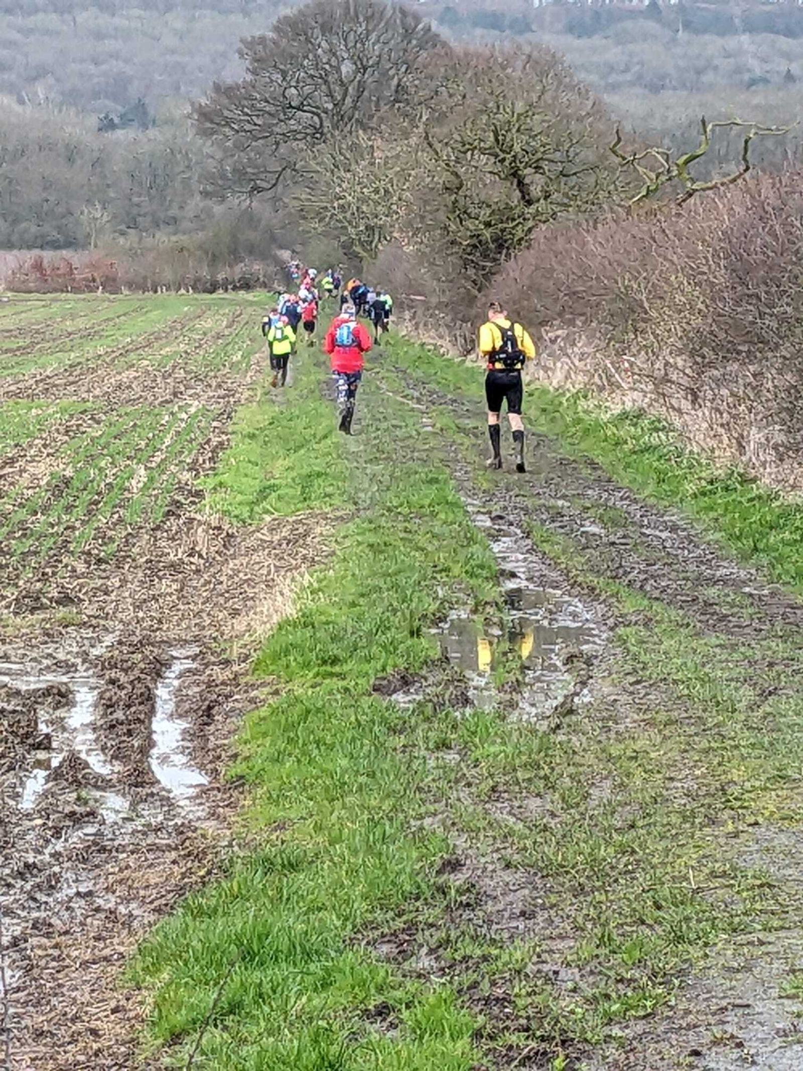 Runners in colorful gear participate in a trail race, navigating a muddy path with puddles. They move through a rural landscape, flanked by fields and trees under an overcast sky.