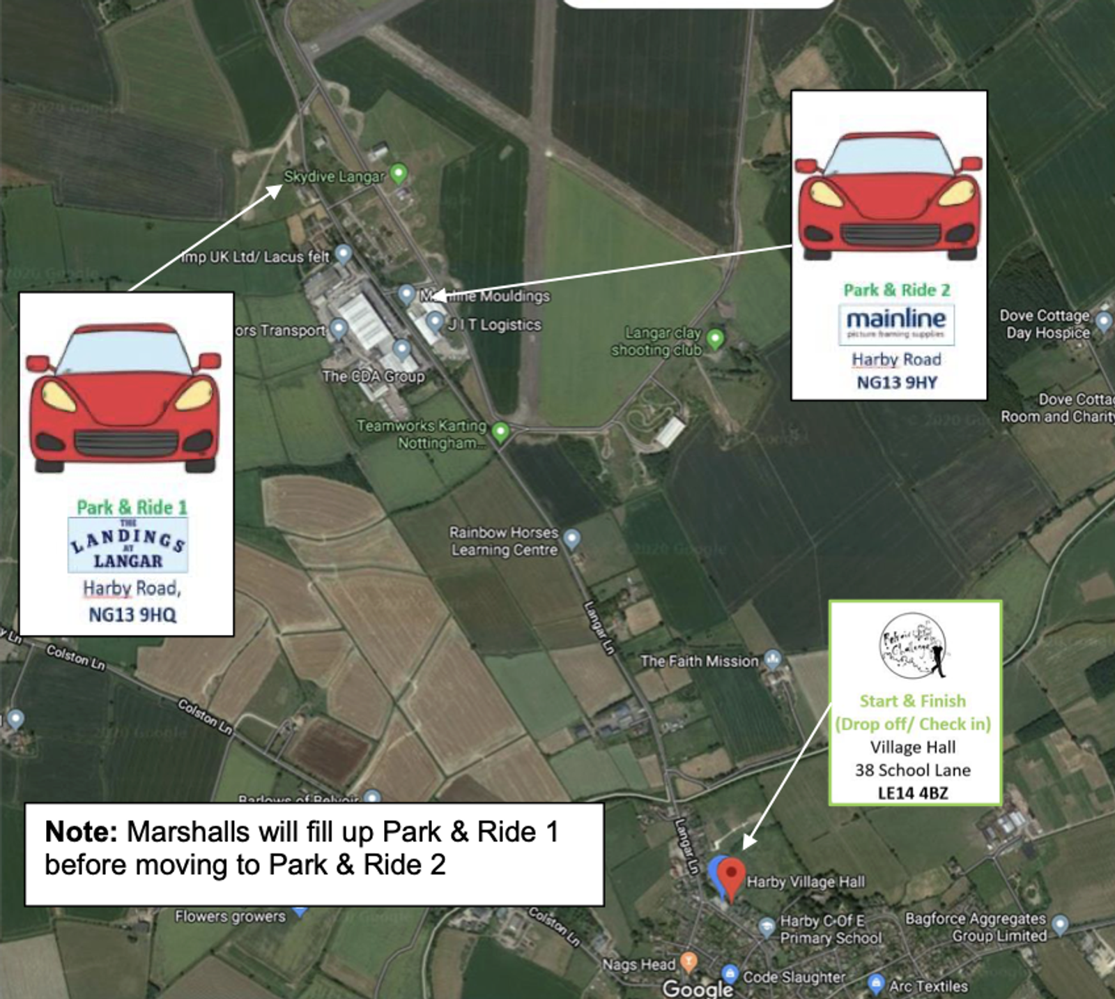 Map showing locations for Park & Ride services in Harby, UK. Includes Park & Ride 1 at Harby Road, NG13 9HQ and Park & Ride 2 at Melton Lane, LE14 4BZ. Note highlights check-in at Harby Village Hall, 38 School Lane.