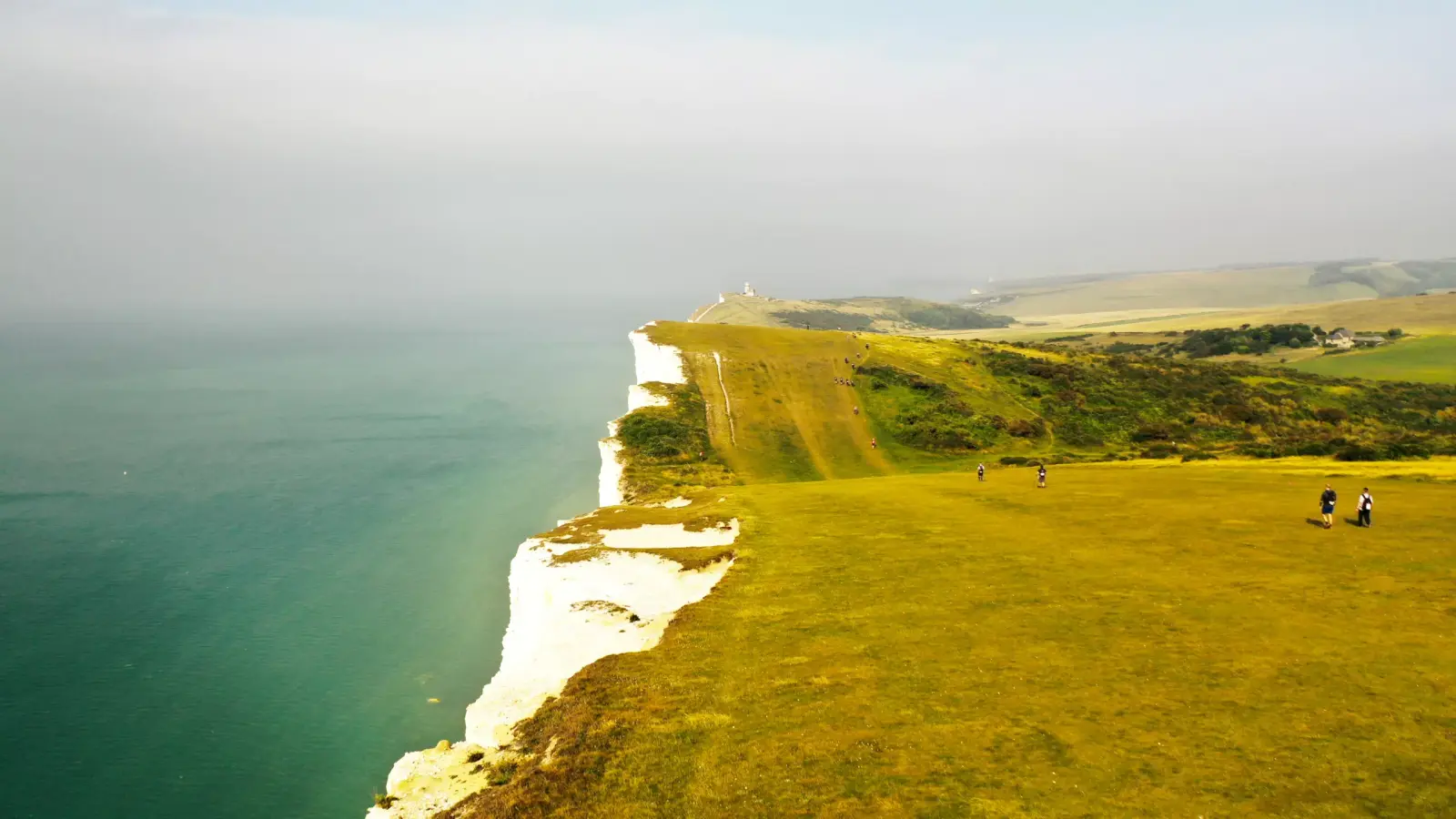 A scenic view of the white cliffs alongside a vast, calm sea under a clear sky. The grassy landscape on top of the cliffs is dotted with a few people walking. A lighthouse is visible in the distance.