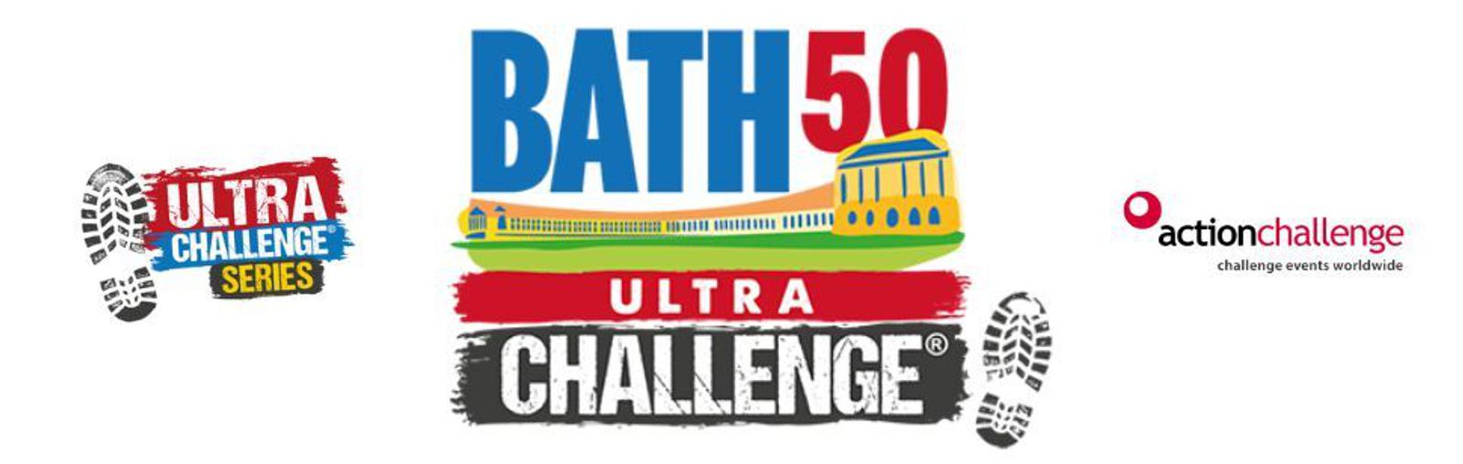 Logo for the Bath 50 Ultra Challenge. Features a stylized image of a building and path, with text "ULTRA CHALLENGE SERIES" and "action challenge" alongside a footprint design.