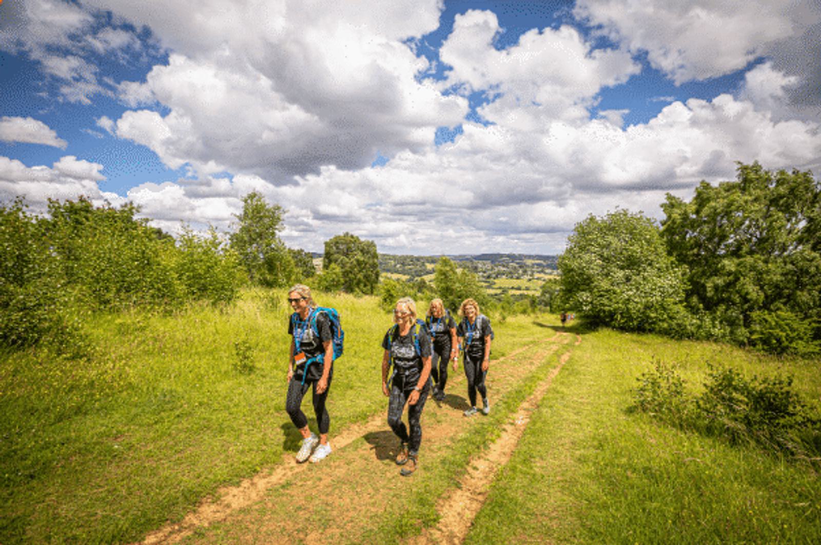 Four people are hiking on a grassy trail surrounded by lush greenery under a partly cloudy sky. They are wearing casual outdoor attire and backpacks, enjoying a sunny day in nature.