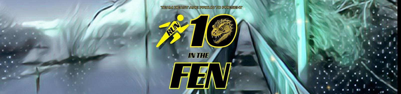Stylized graphic with abstract background, showing text: "TEAM WEST X TEAM RELOAD TO PRESENT" at the top, a yellow "2RUN" symbol, large black and yellow "10," and "IN THE FEN'" at the bottom. An intricate dragon design is inside the "0.