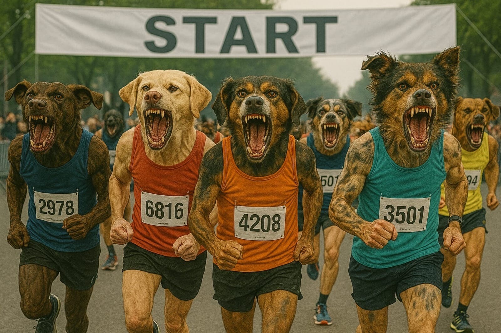 A group of runners with fierce, barking dog heads and athletic bodies race forward at the start line, wearing colorful tank tops and numbered bibs, under a large "START" banner.