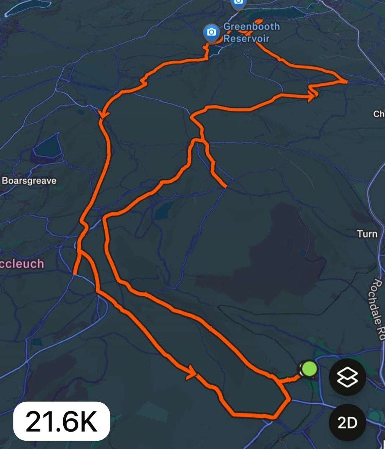 A digital map shows a 21.6 km running or cycling route marked in orange, looping through rural roads and past Greenbooth Reservoir, with arrows indicating direction. The start/finish point is marked with a green dot.