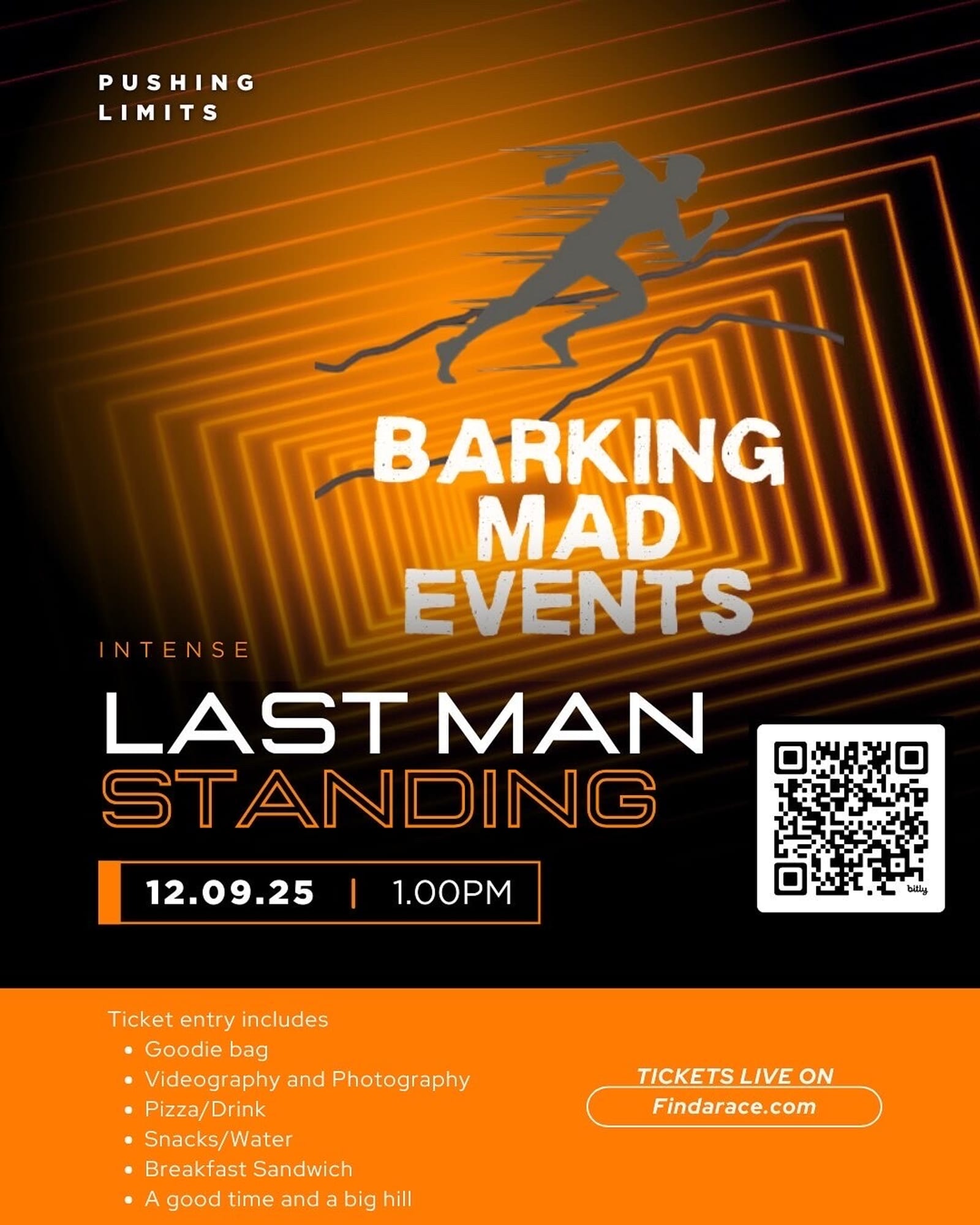 Poster for “Barking Mad Events: Last Man Standing” race on 12.09.25 at 1:00 PM, featuring a running figure, QR code, and entry details including food, drinks, and photography services.