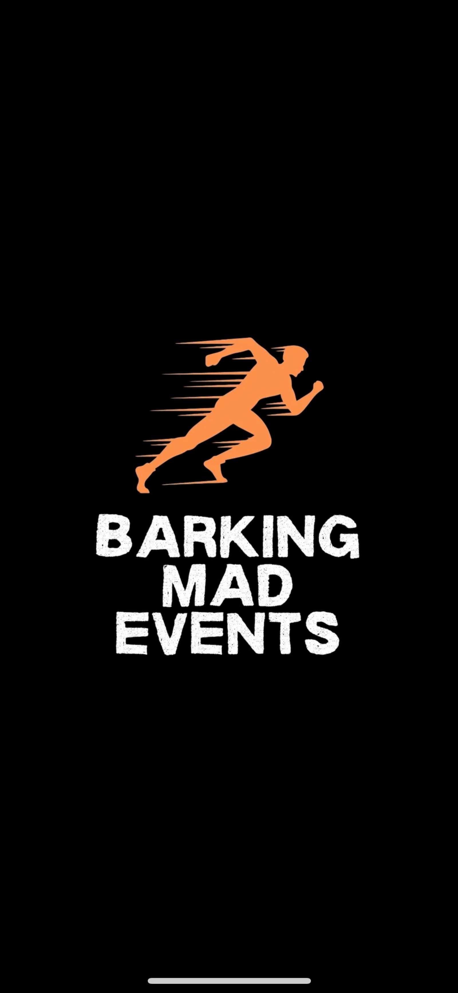 A stylized orange silhouette of a runner in motion above the bold white text "BARKING MAD EVENTS" on a black background.