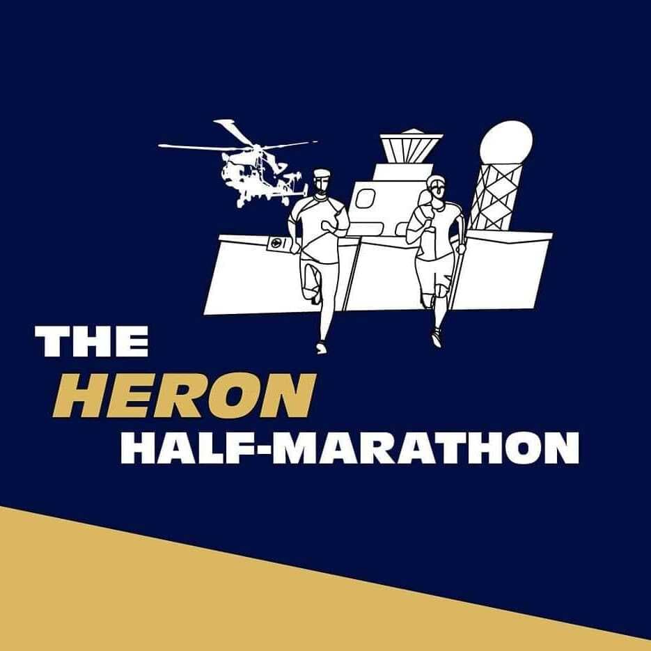 Logo for the Heron Half-Marathon featuring two runners in front of a ship and helicopter on a navy background. The text "The Heron Half-Marathon" is displayed below in white and yellow.