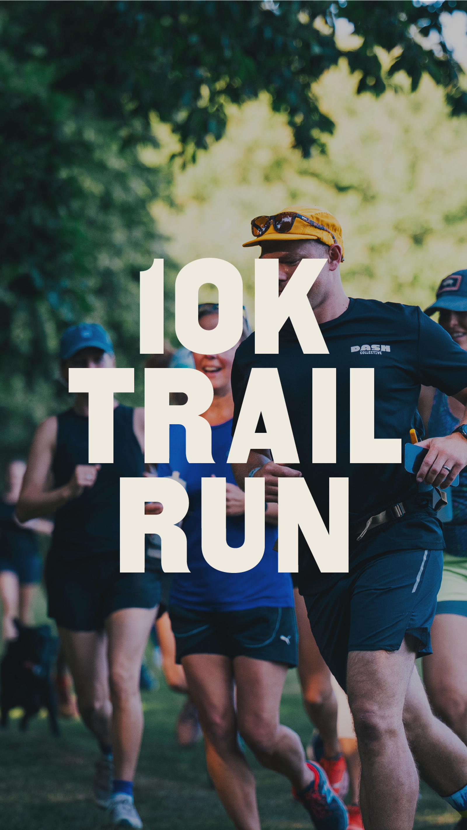 A group of people running outdoors on a sunny day, with the bold white text "10K TRAIL RUN" overlaid across the center of the image.