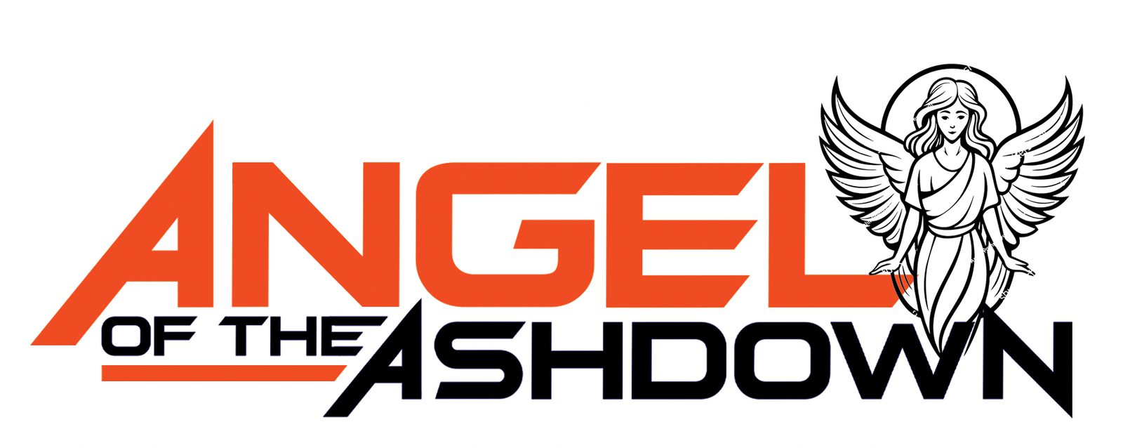 Logo reading "Angel of the Ashdown" in bold orange and black text, with a black and white illustration of a winged angel standing to the right of the words.
