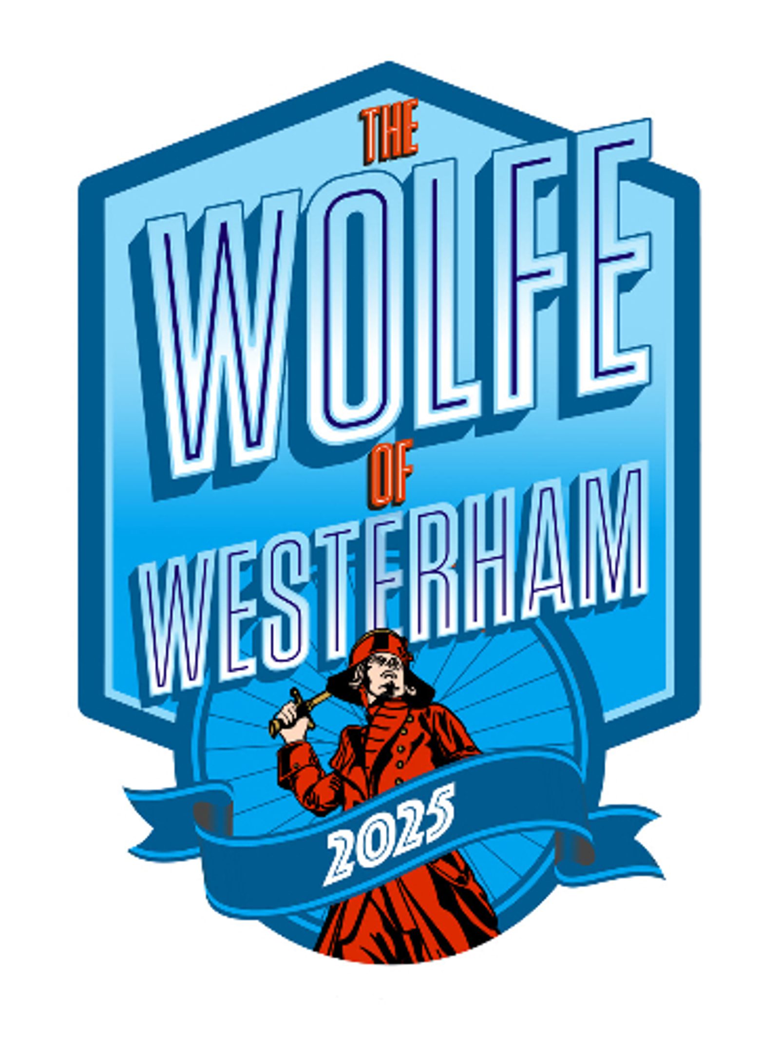 A blue badge logo with the text "The Wolfe of Westerham 2025." At the bottom, an illustrated figure in a red coat holds a sword, with a blue ribbon displaying the year "2025.