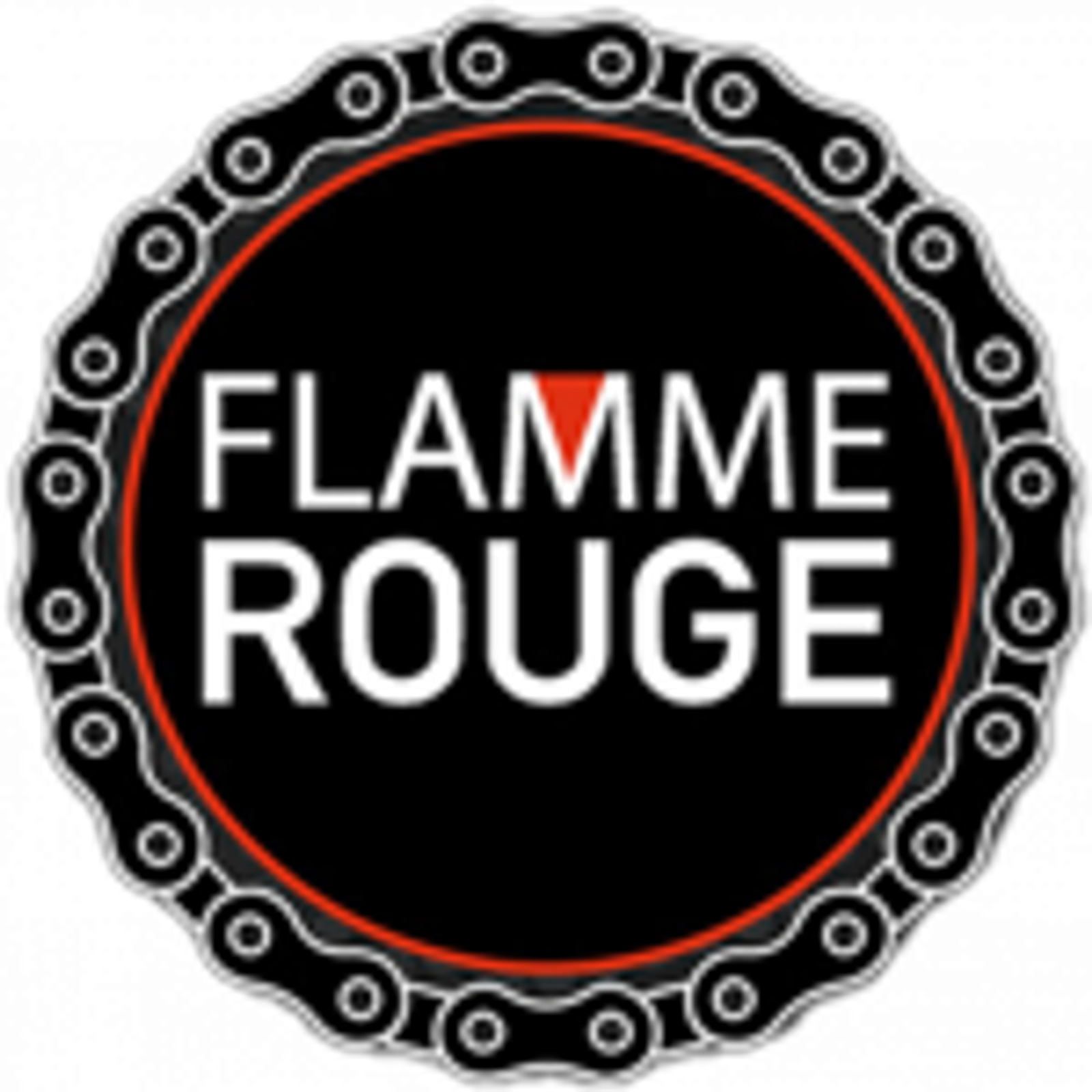 A circular black logo with a bicycle chain border. Inside, "FLAMME ROUGE" is written in bold white and red letters on a black background, with a small red triangle above the letter "A".