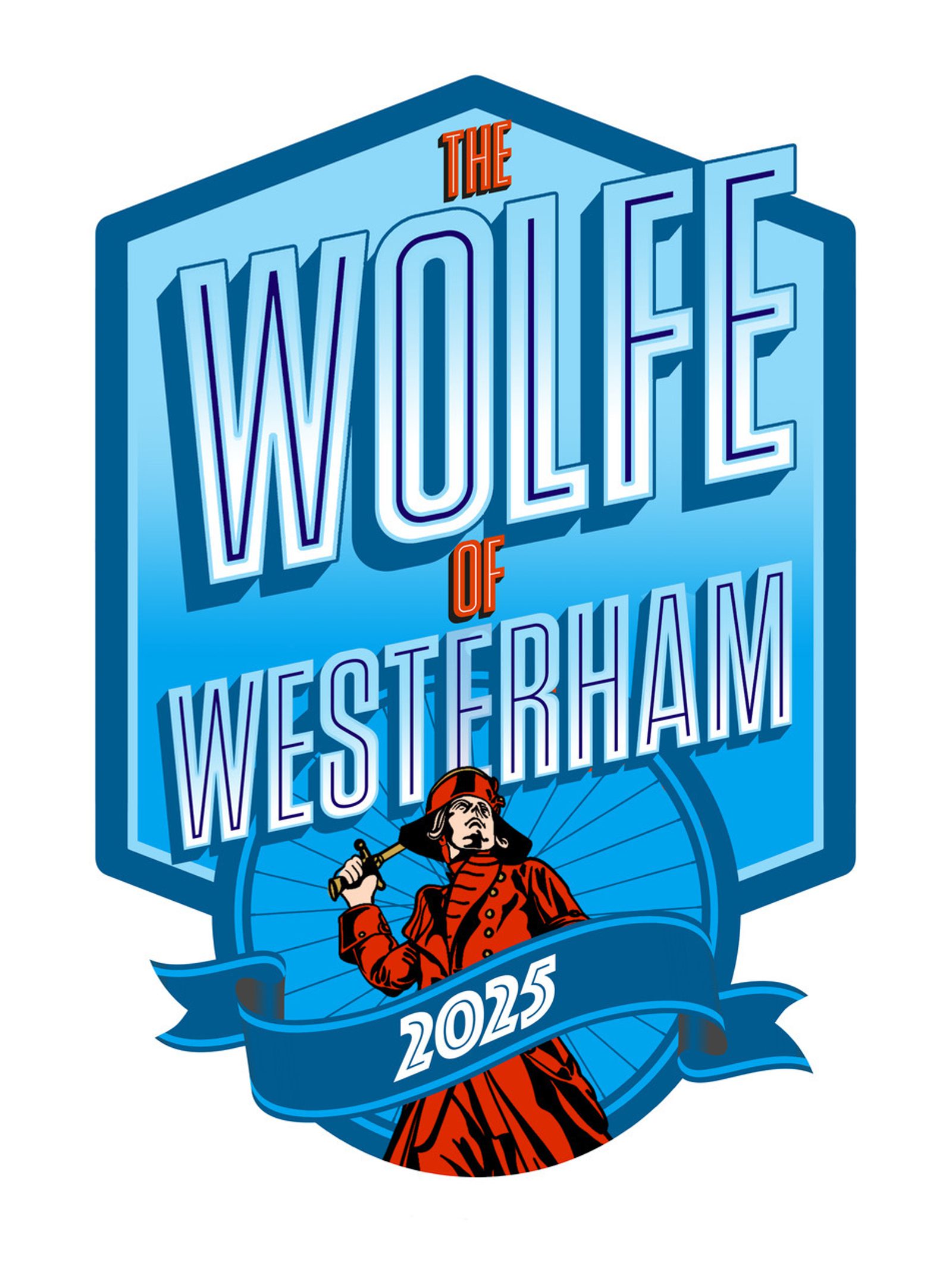 A blue and orange badge logo reads "The Wolfe of Westerham 2025" with an illustrated figure in historical clothing holding a sword.