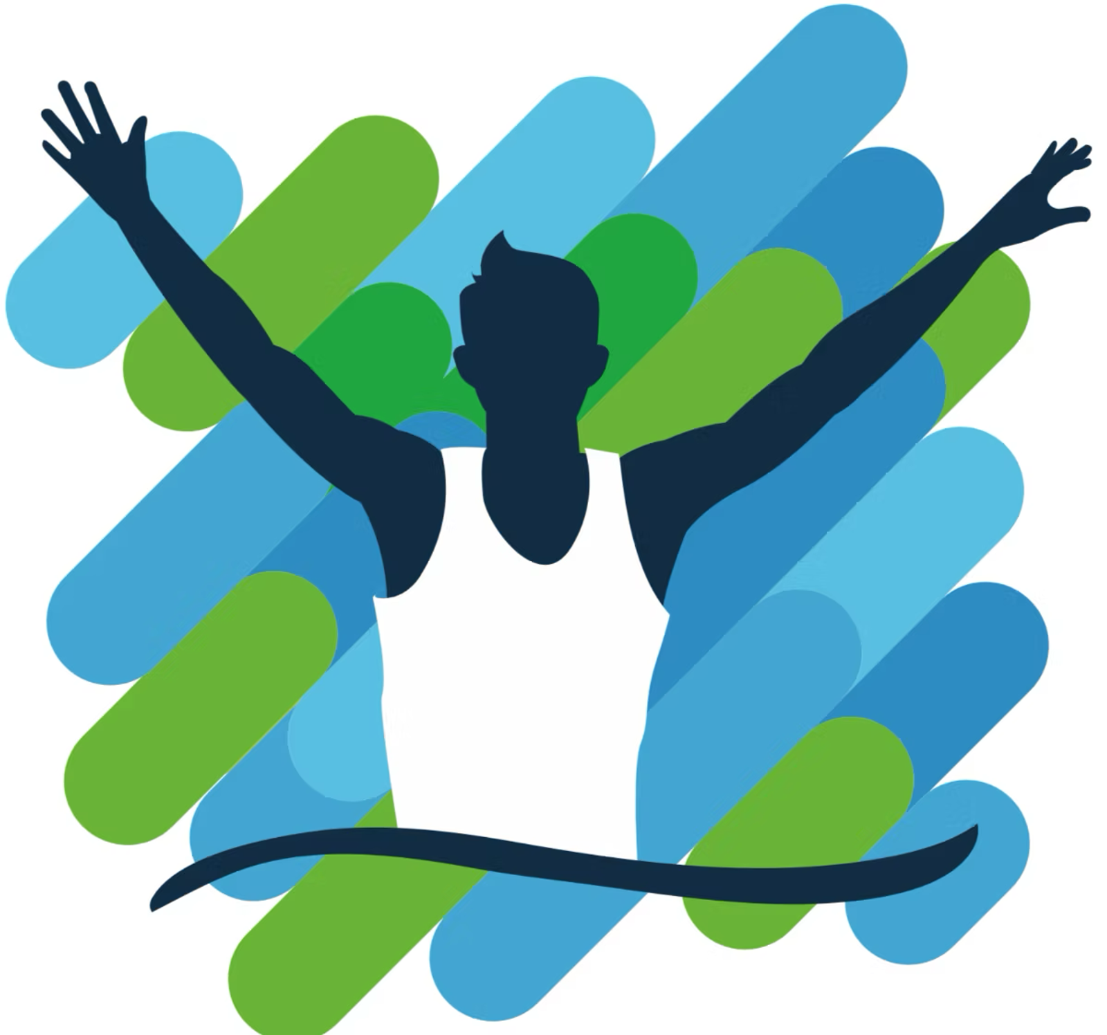 Illustration of a person crossing a finish line with arms raised in victory, set against a background of overlapping blue and green shapes.