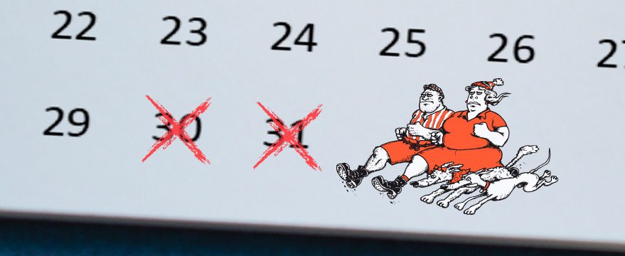 A calendar page with days 29, 30, and 31 visible; 30 and 31 are crossed out with red Xs. An illustration of two people and two dogs in red running clothes appears beside the crossed-out dates.