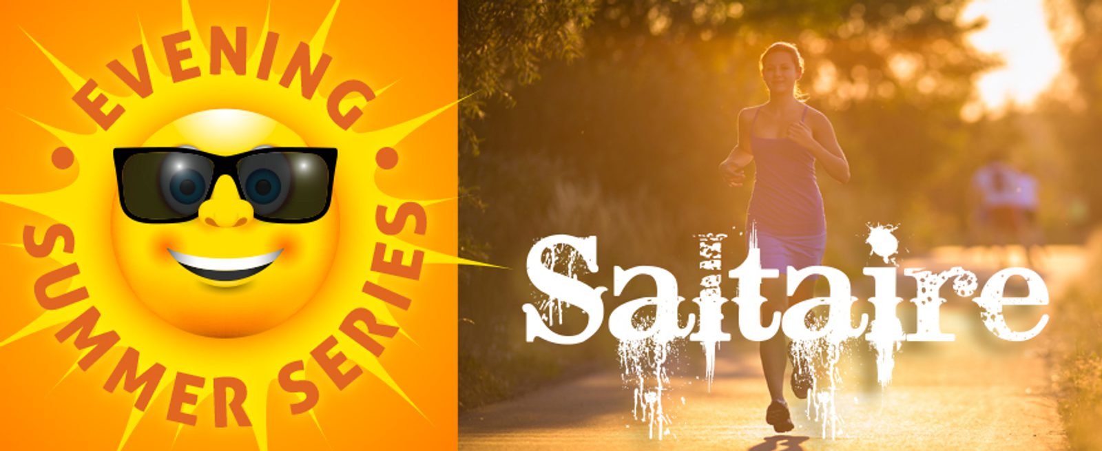 A smiling sun with sunglasses and the text "Evening Summer Series" on the left; on the right, a woman jogging on a sunlit path with the word "Saltaire" in white stylized text.
