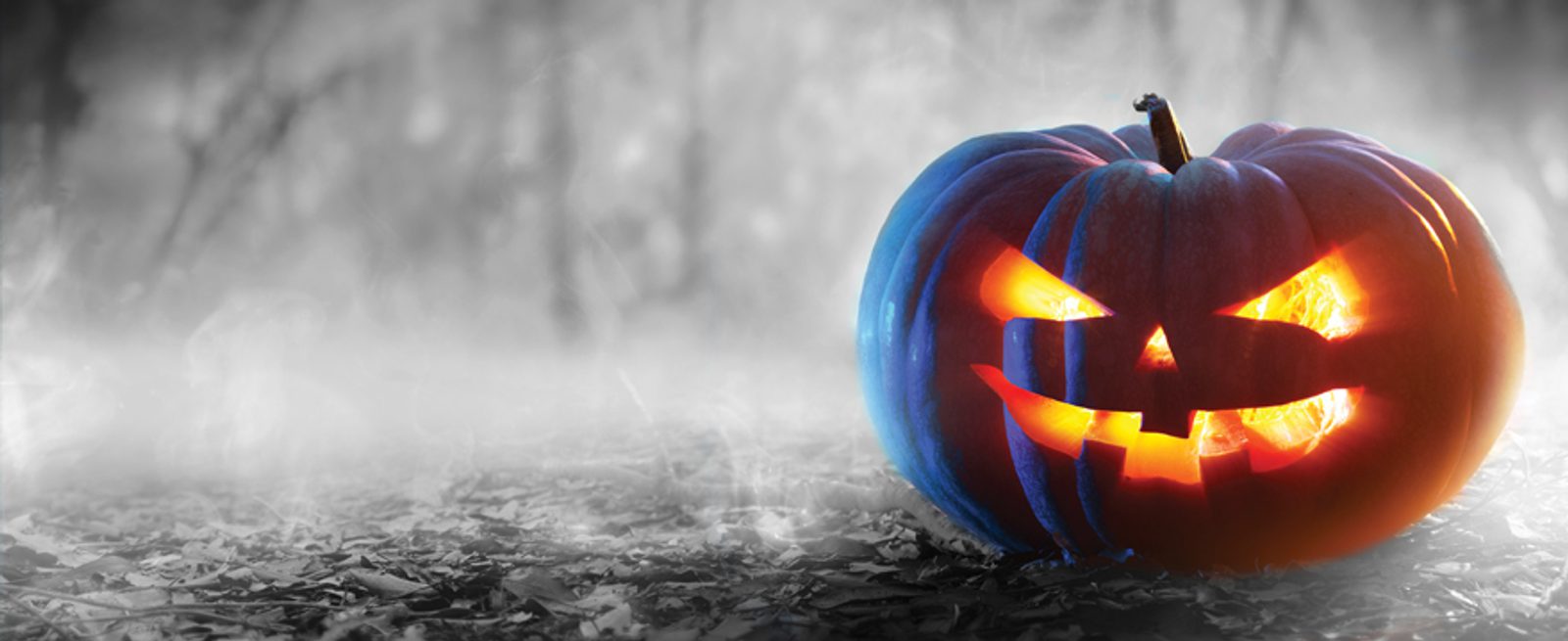 A glowing jack-o’-lantern with a menacing carved face sits on the ground among fallen leaves, with a foggy, blurred background, creating a spooky Halloween atmosphere.