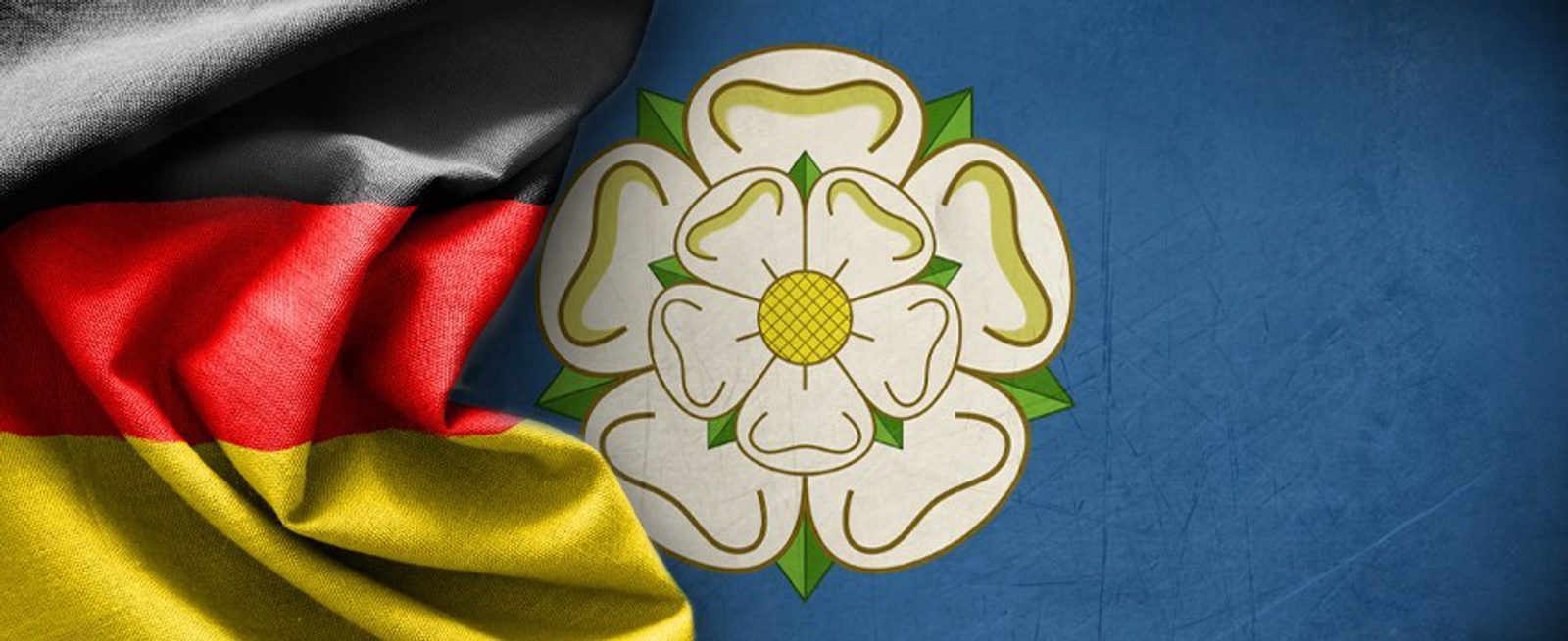 A close-up of the German flag on the left, merging into a blue background with a white rose emblem outlined in green and yellow at the center, representing the flag of Yorkshire, England.
