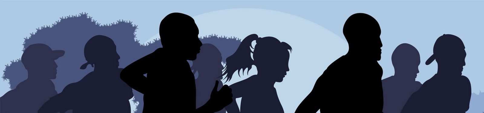 Silhouettes of people running outdoors against a backdrop of trees and a blue sky, suggesting a group jog or race in the early morning or evening.