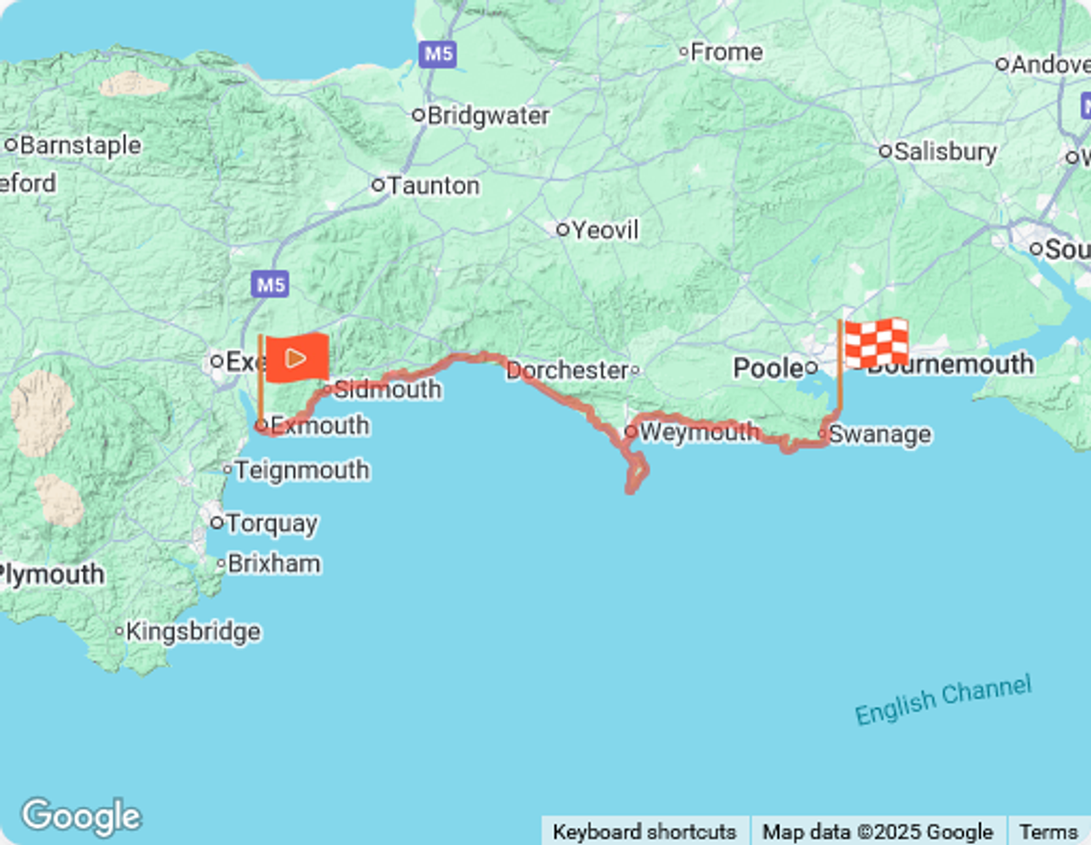 Jurassic Coast Virtual Challenge - 192 km (119.3 miles) course map