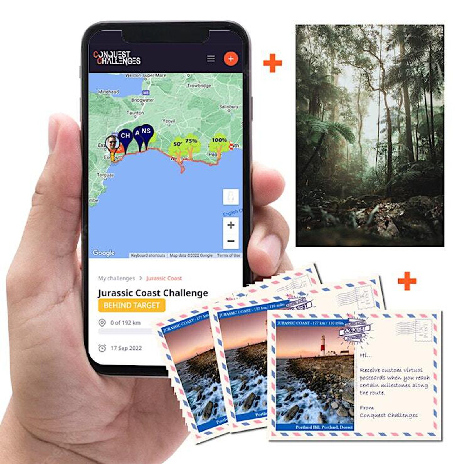 A hand holds a smartphone displaying a map for the Jurassic Coast Challenge. Next to it are a forest photo and several illustrated postcards with scenic images, all associated with Conquest Challenges.