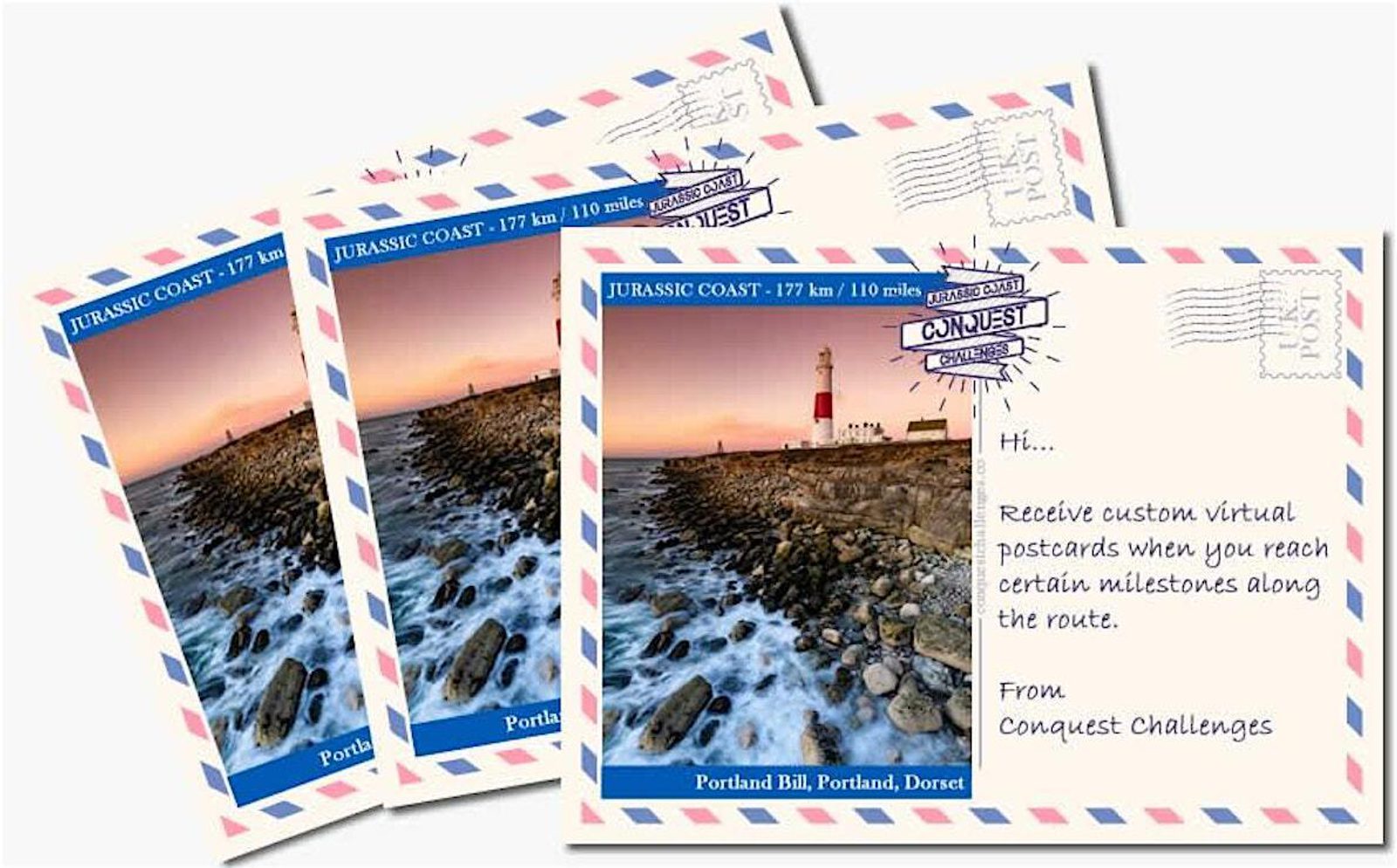Three illustrated postcards show a rocky coastline with a lighthouse at sunset. Text describes receiving virtual postcards for reaching milestones along the Jurassic Coast route by Conquest Challenges.
