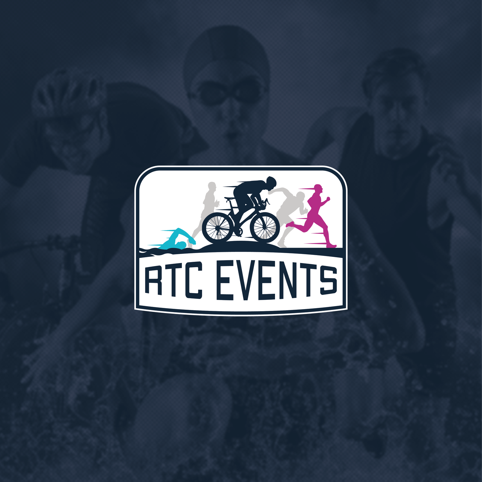 A logo featuring stylized icons of swimming, cycling, and running above the text "RTC Events" is centered over an image of athletes swimming, cycling, and running.