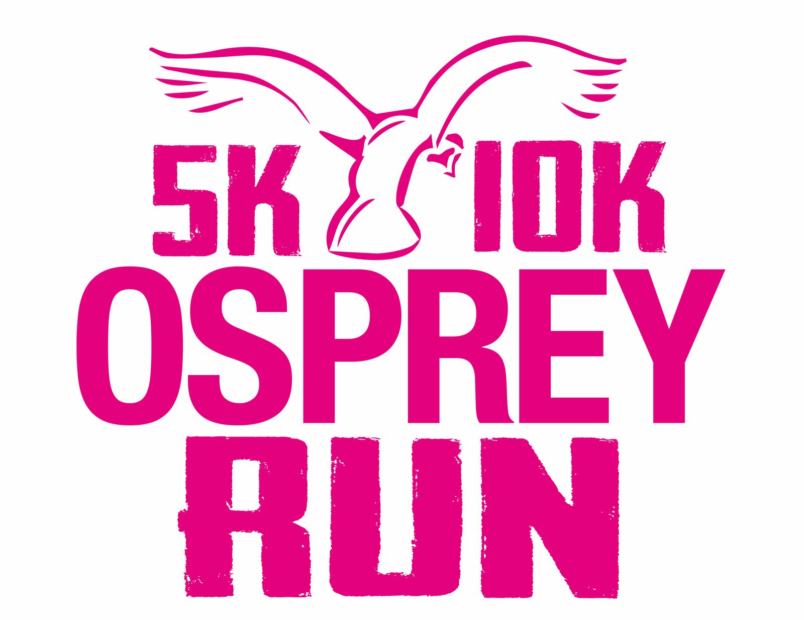 Image of a logo featuring an abstract depiction of an osprey with wings spread above the text "5K 10K OSPREY RUN" in bold, pink typography on a white background.