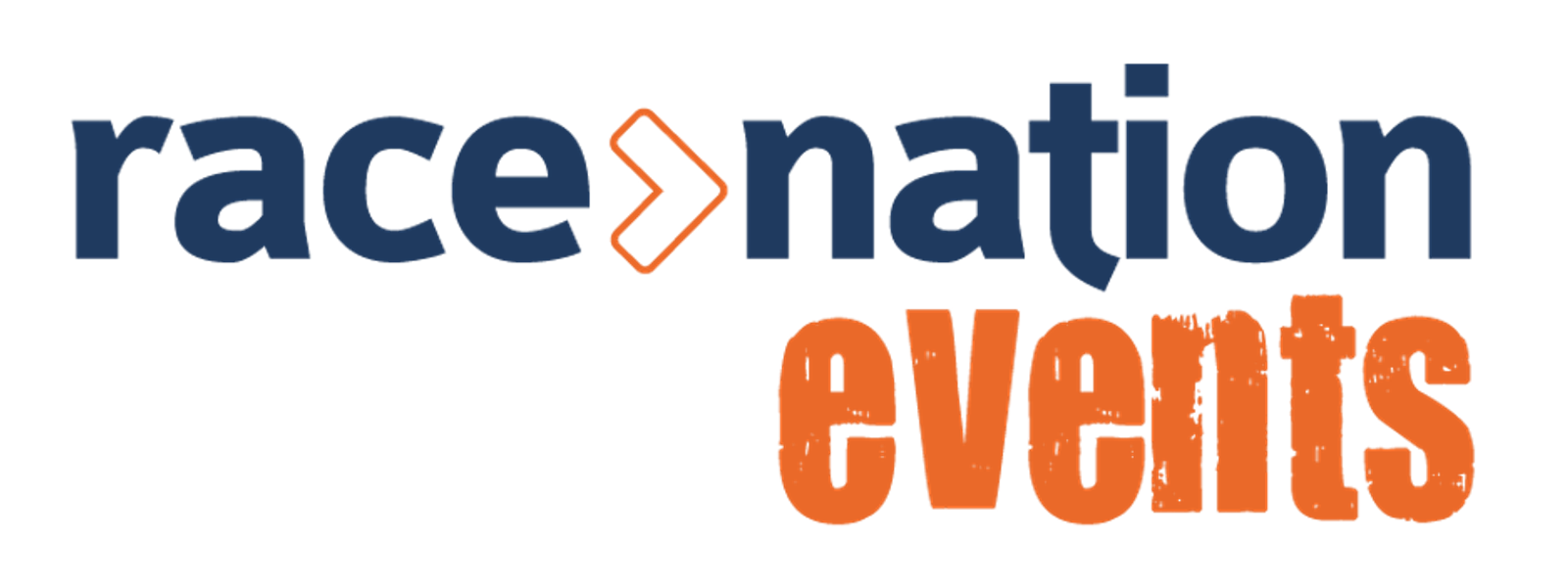 Logo for "RaceNation Events" with "race nation" in dark blue, separated by an orange arrow, and "events" in bold, distressed orange letters below. The design has a modern and dynamic feel.