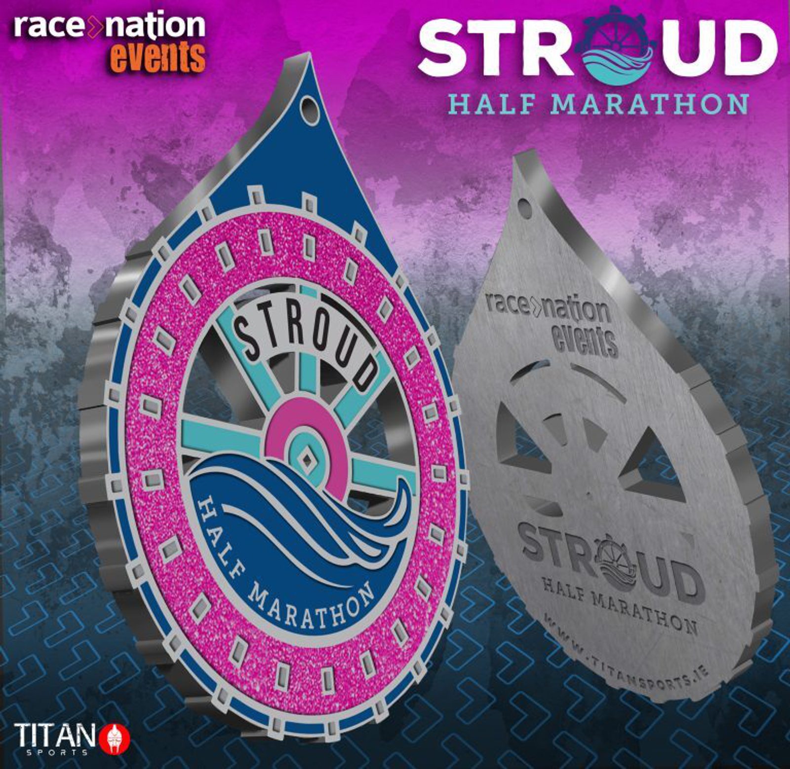 Two metallic Stroud Half Marathon medals are shown, one with a colorful front design featuring waves, sun, and pink border, and the other displaying the engraved race logo and sponsors.