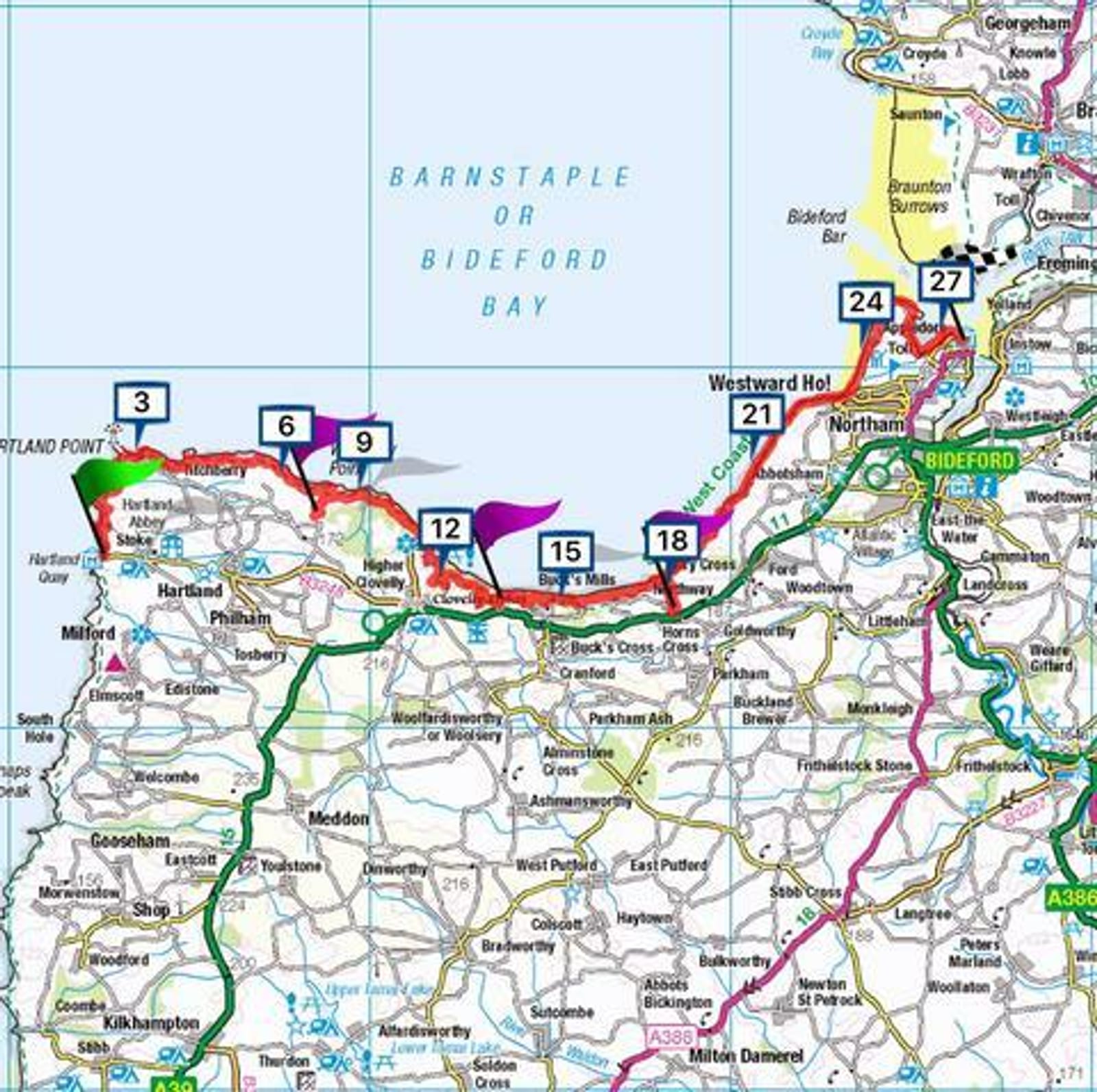 Map of the southwestern coast of England highlighting sections 9 through 27 of a coastal path. The route starts at Hartland Point, passes through Westward Ho!, Northam, and Bideford, and ends at Braunton. The path follows the coastline, with various points of interest marked.