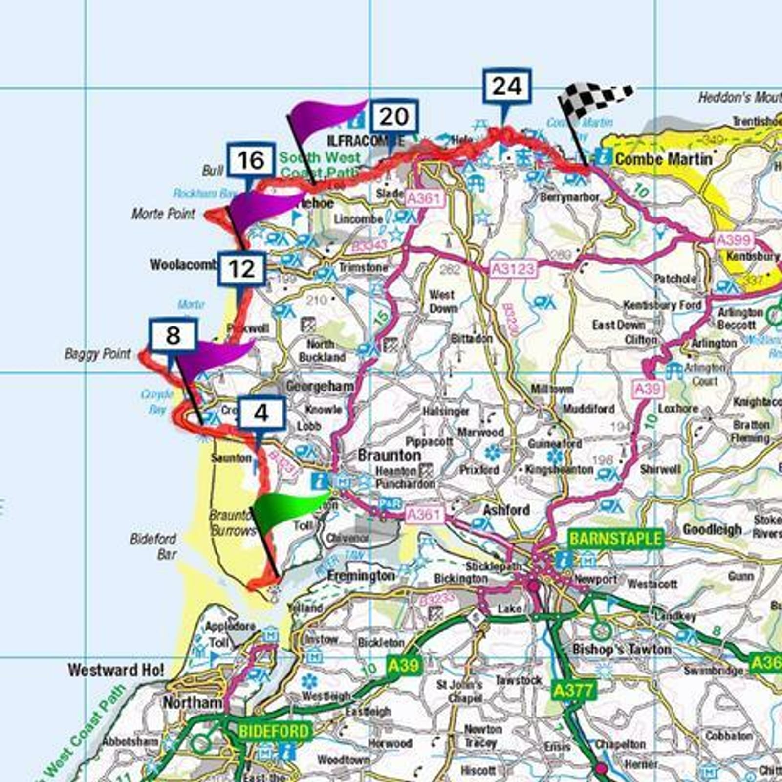 A detailed map showcasing a coastal area in southwest England, highlighting a route along the coast from Bideford to Combe Martin. Key locations are marked with numbers from 4 to 24. The colorful route passes through Braunton, Ilfracombe, and Woolacombe.
