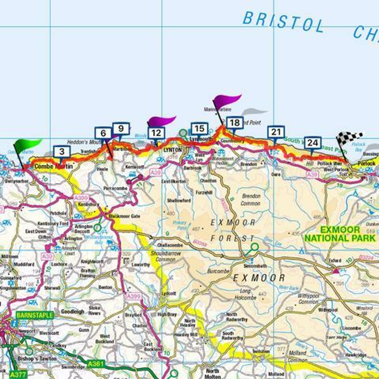 A colorful map shows the scenic coastline of North Devon with marked cycling routes. Points of interest along the route include Lynton, Exmoor National Park, Combe Martin, and Barnstaple. The Bristol Channel is displayed at the top.