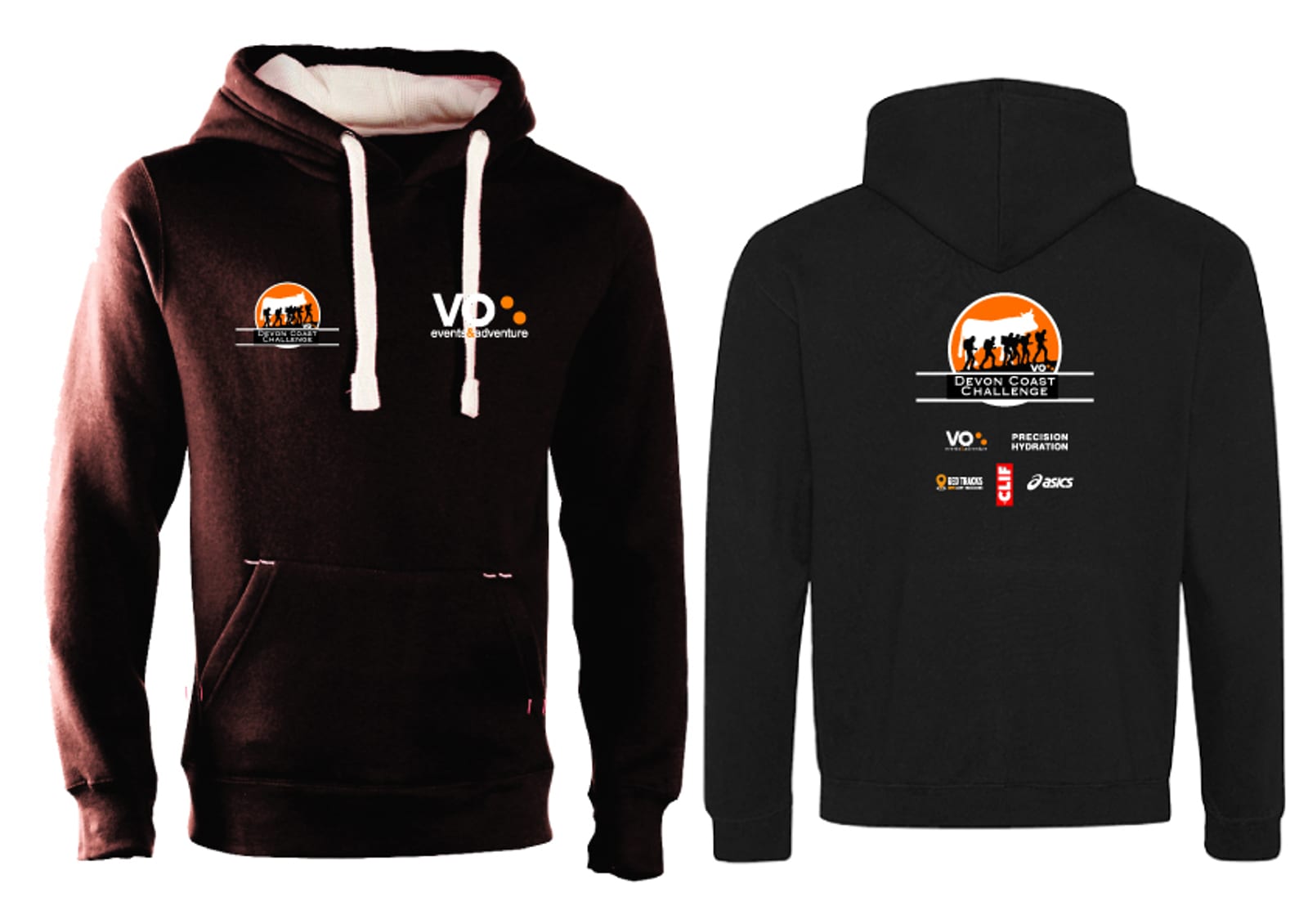A black hoodie with white drawstrings is shown from the front and back. The front features a logo with an orange circle and silhouettes of runners, along with various smaller logos. The back displays the event name "Lyon Urban Trail" and several sponsor logos.