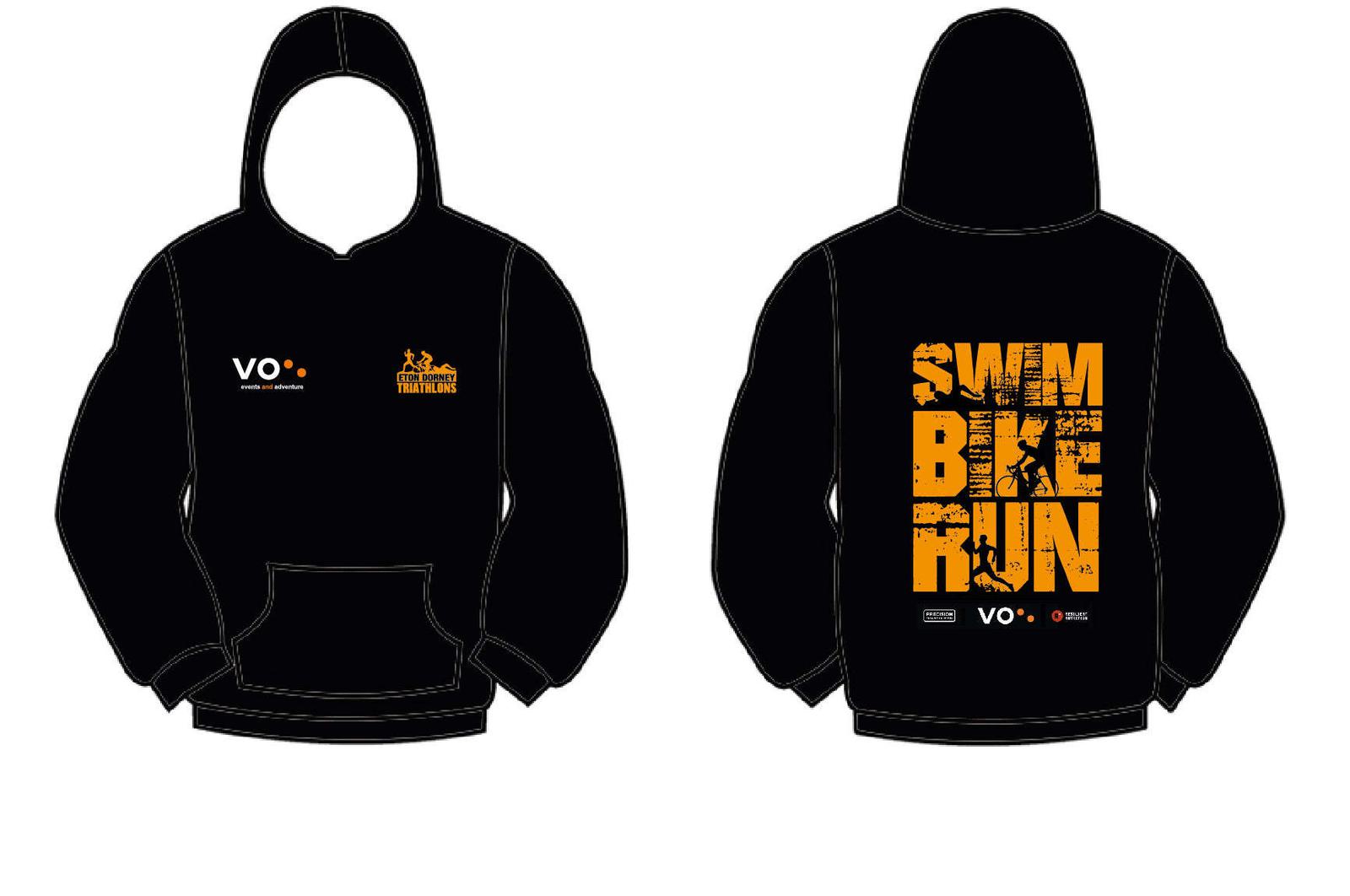 Image of a black hoodie displayed from both front and back views. The front features a small logo on the left chest and "VO." on the right chest. The back has bold, stylized text reading "SWIM BIKE RUN" in orange with graphics of athletes.