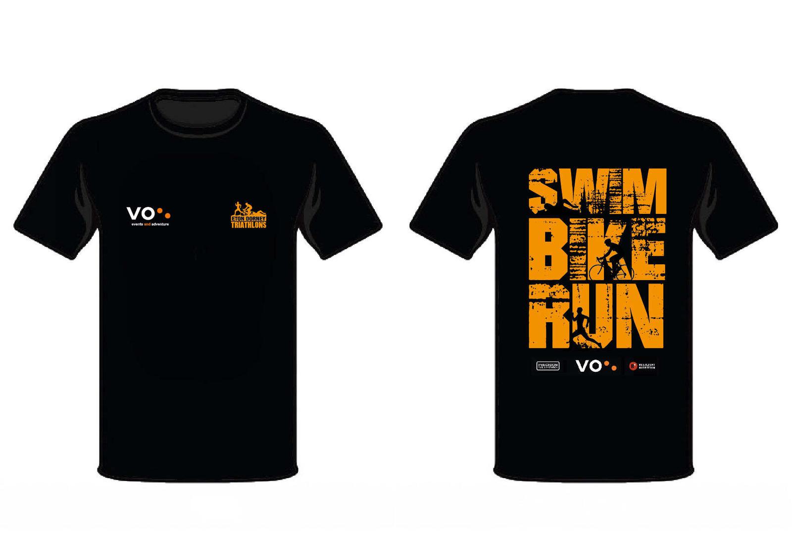 Black athletic T-shirts with event branding. The front has a small logo on the top left corner and text "VO." The back features large, bold text "SWIM BIKE RUN" in distressed orange with silhouettes of swimming, biking, and running figures.