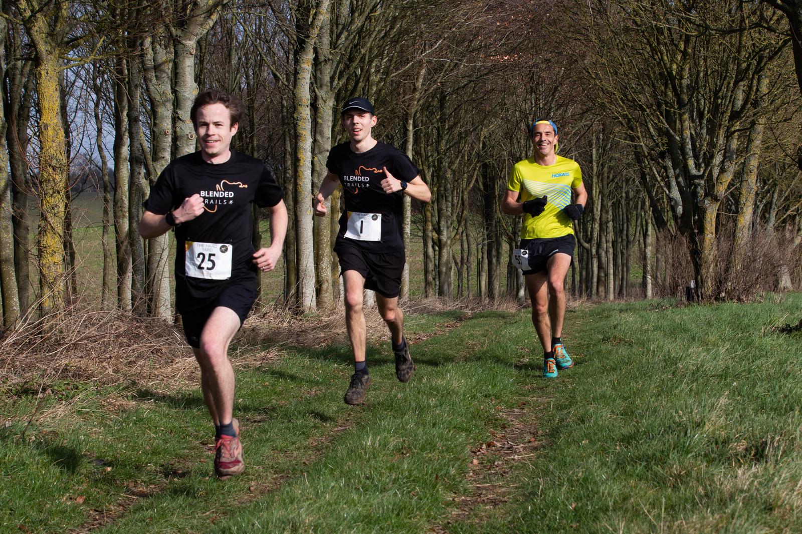 Three runners are participating in a race along a grassy trail lined with trees. The runner on the left (wearing a black shirt with the number 25) and the runner in the middle (also in black) are in stride, while the runner on the right (in a yellow shirt) follows closely behind.