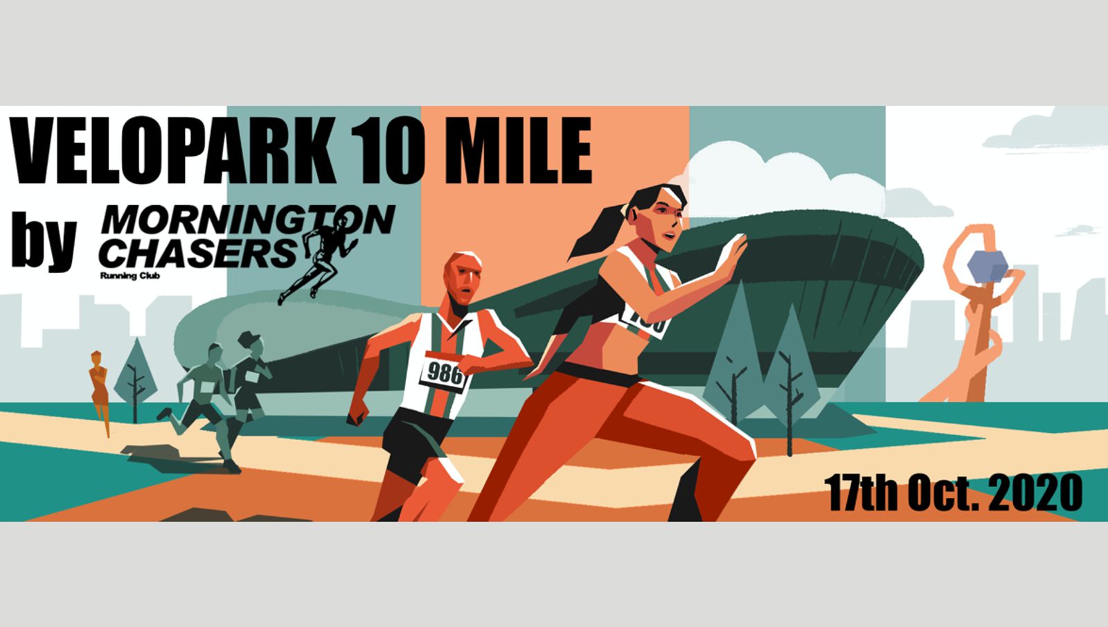 An illustrated image announcing the Velopark 10 Mile race, organized by Mornington Chasers Running Club, taking place on October 17, 2020. The illustration shows runners in motion with a stylized park and stadium background.