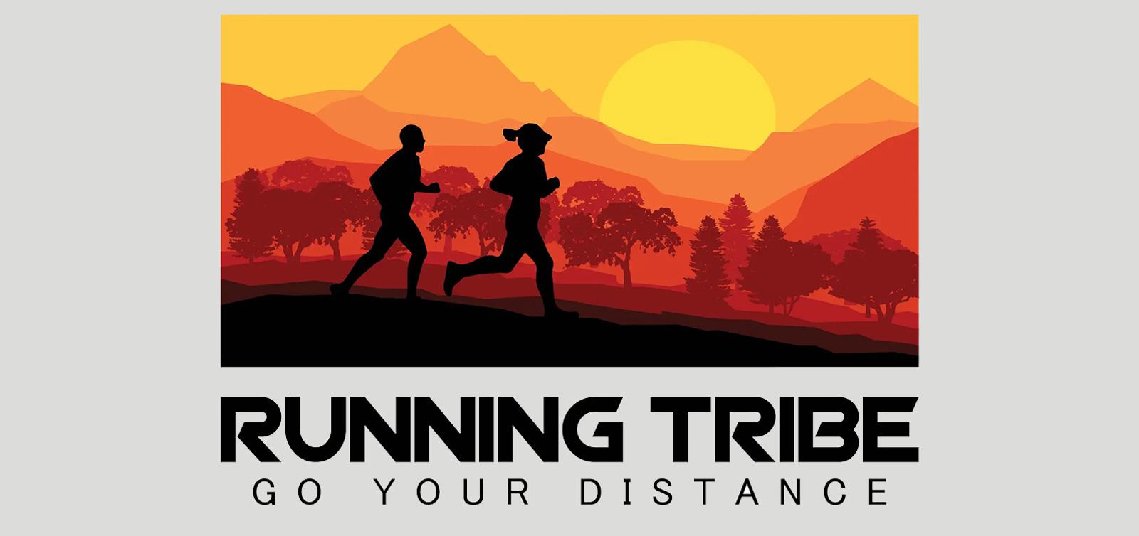 Silhouettes of two runners against an orange-hued sunset with trees and mountains in the background. The text "RUNNING TRIBE" is below the image, followed by the phrase "GO YOUR DISTANCE" in smaller letters.
