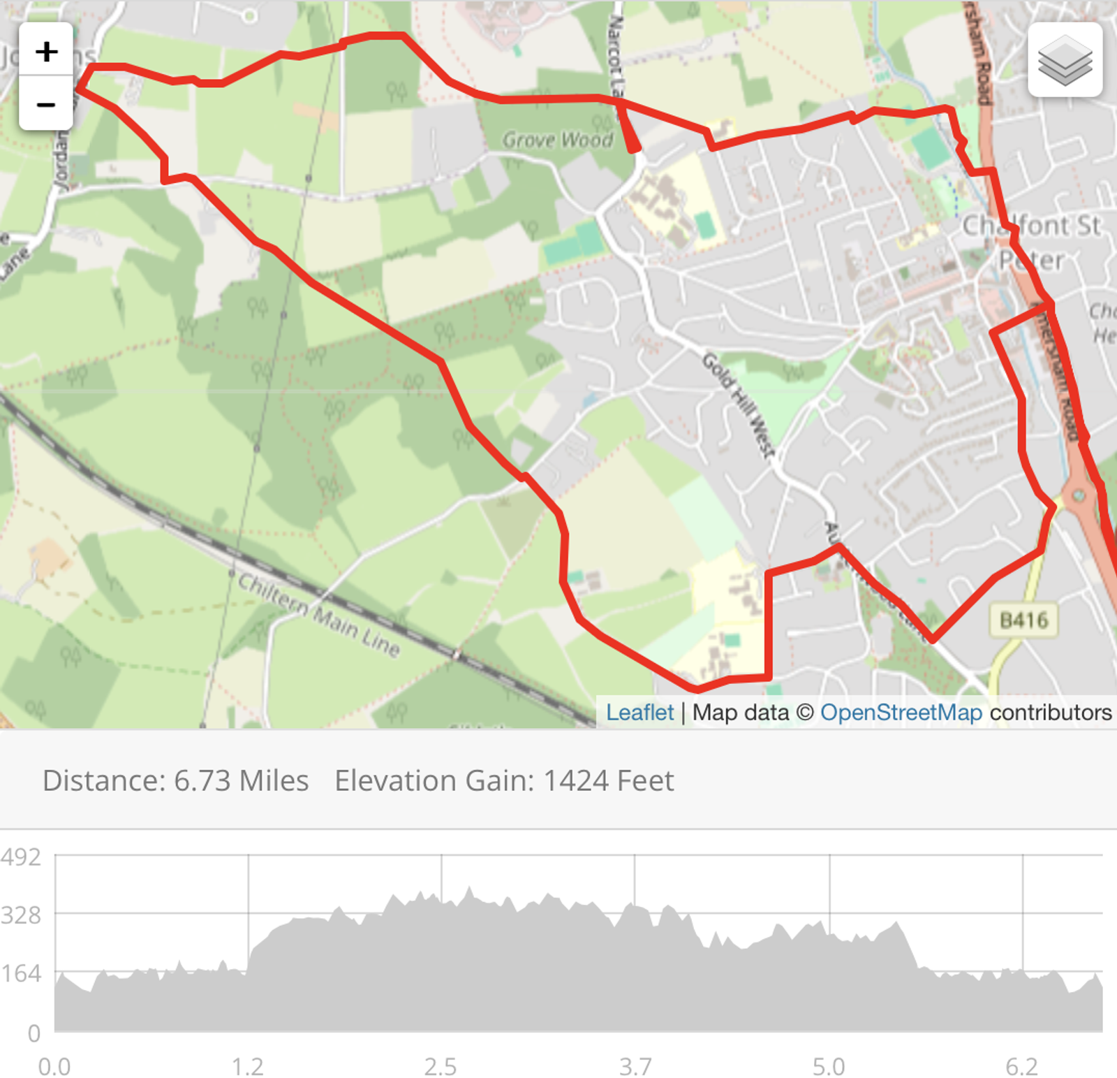 Map showing a hiking route outlined in red, covering urban and green areas around Chiltern St. Distance is 6.73 miles with an elevation gain of 1424 feet. The elevation profile is depicted below the map.