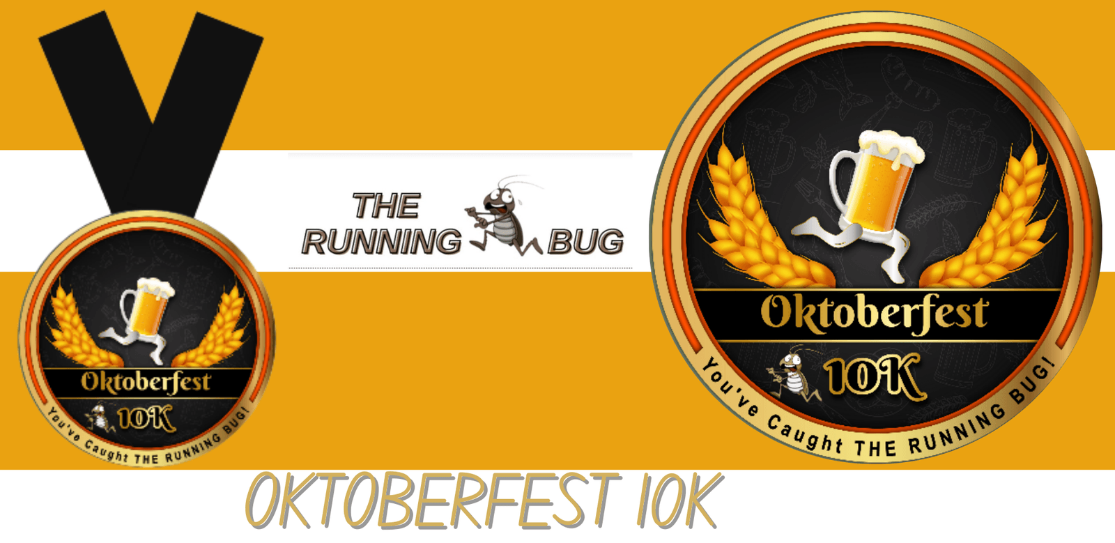 A graphic featuring an Oktoberfest 10K medal with a beer mug, pretzel, and wheat design. The “Oktoberfest 10K” text is visible on both the medal and the accompanying certificate. The Running Bug logo with a bug holding a sign appears on a mustard yellow background.