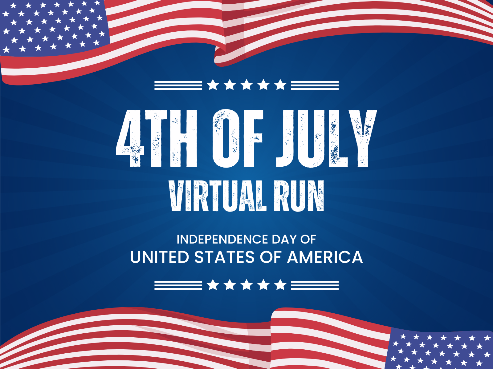 Patriotic-themed graphic for a "4th of July Virtual Run" with American flag motifs at the top and bottom. The text highlights the Independence Day of the United States of America on a blue starburst background.