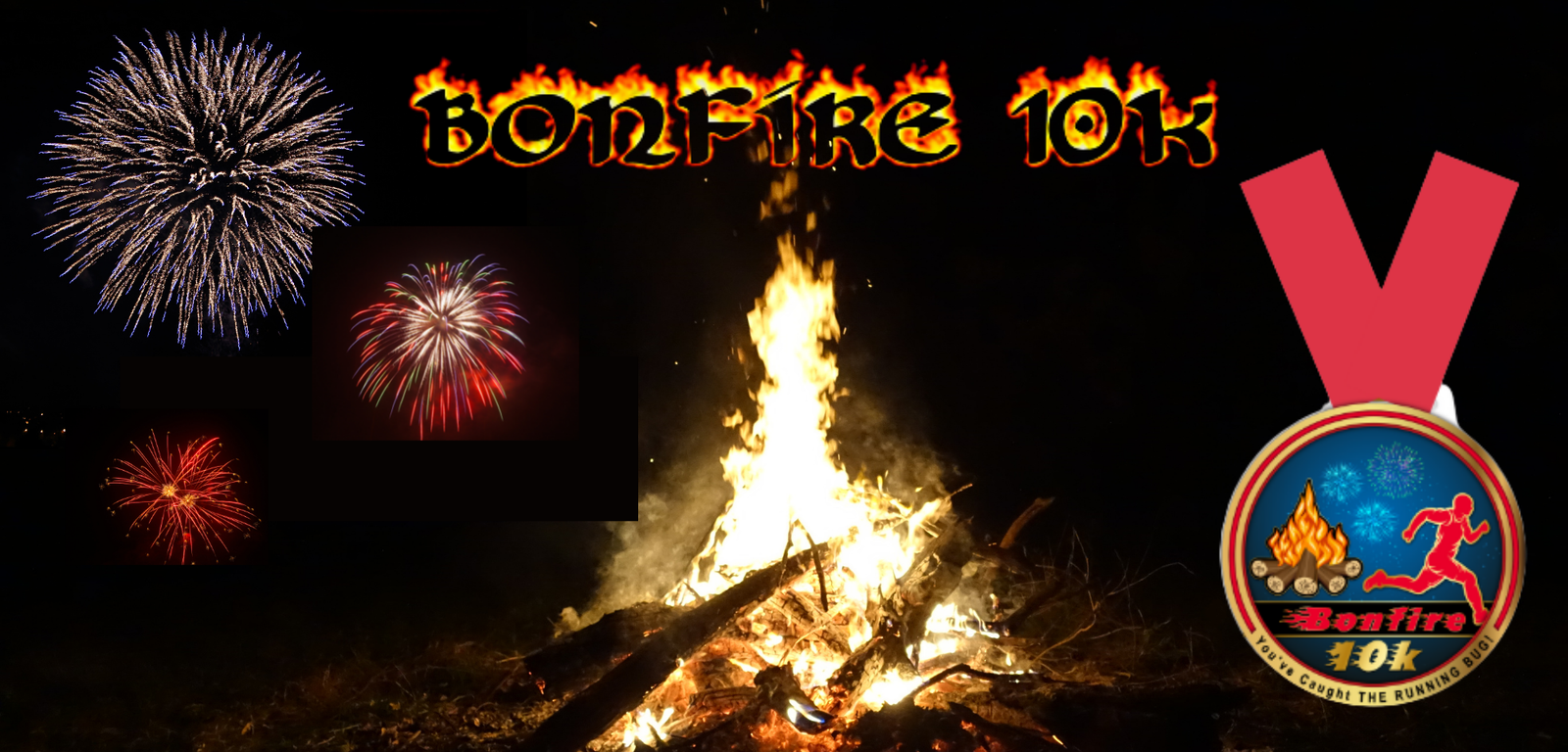 An image showing a large bonfire with the text "Bonfire 10K" above it, surrounded by vibrant fireworks in the night sky. A race medal featuring the event's logo, a runner, bonfire, and fireworks is positioned to the right of the bonfire.