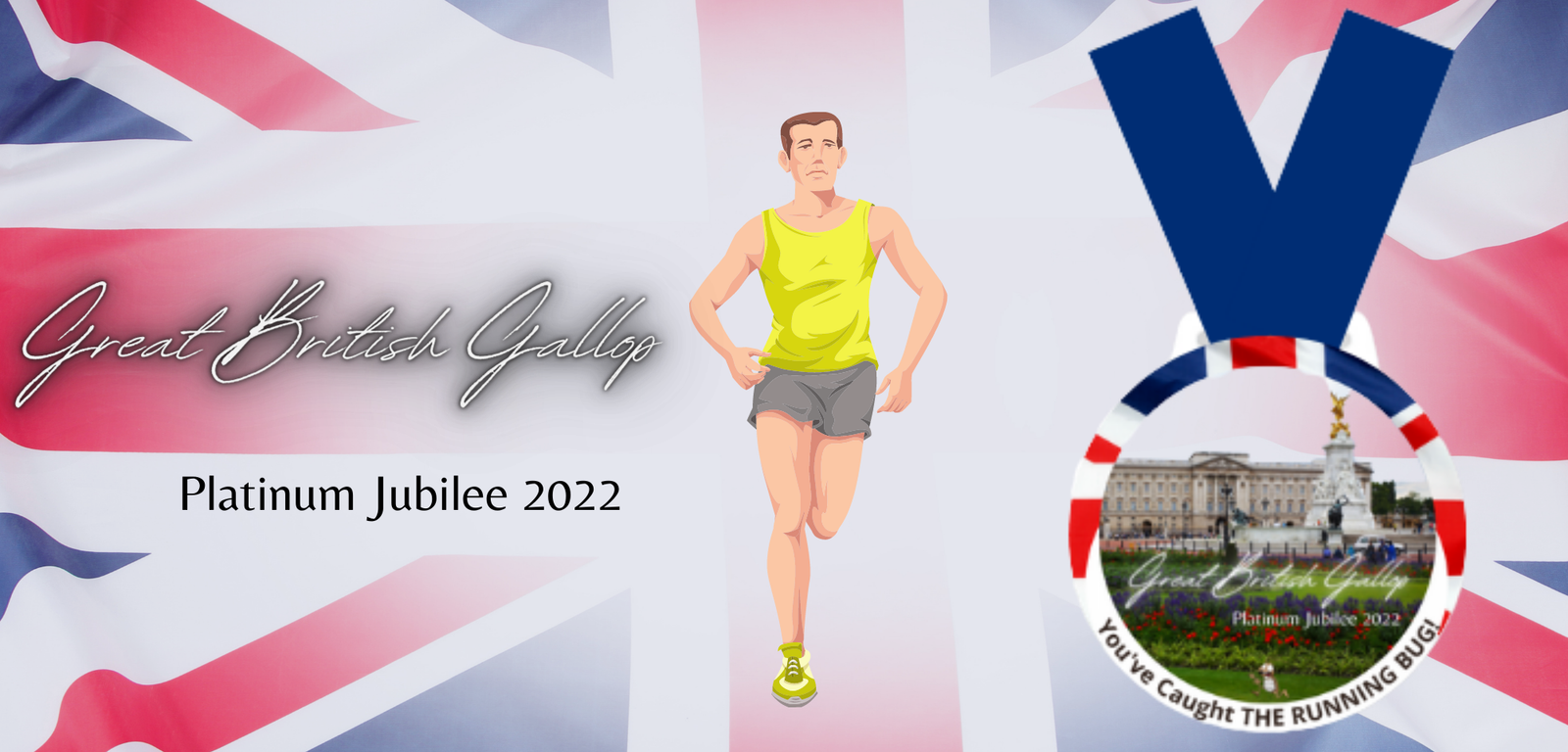 Illustration of a runner in a yellow tank top and gray shorts against a Union Jack flag background. Text reads "Great British Gallop, Platinum Jubilee 2022." On the right, an image of a medal with a Union Jack ribbon, featuring Buckingham Palace and a statue.