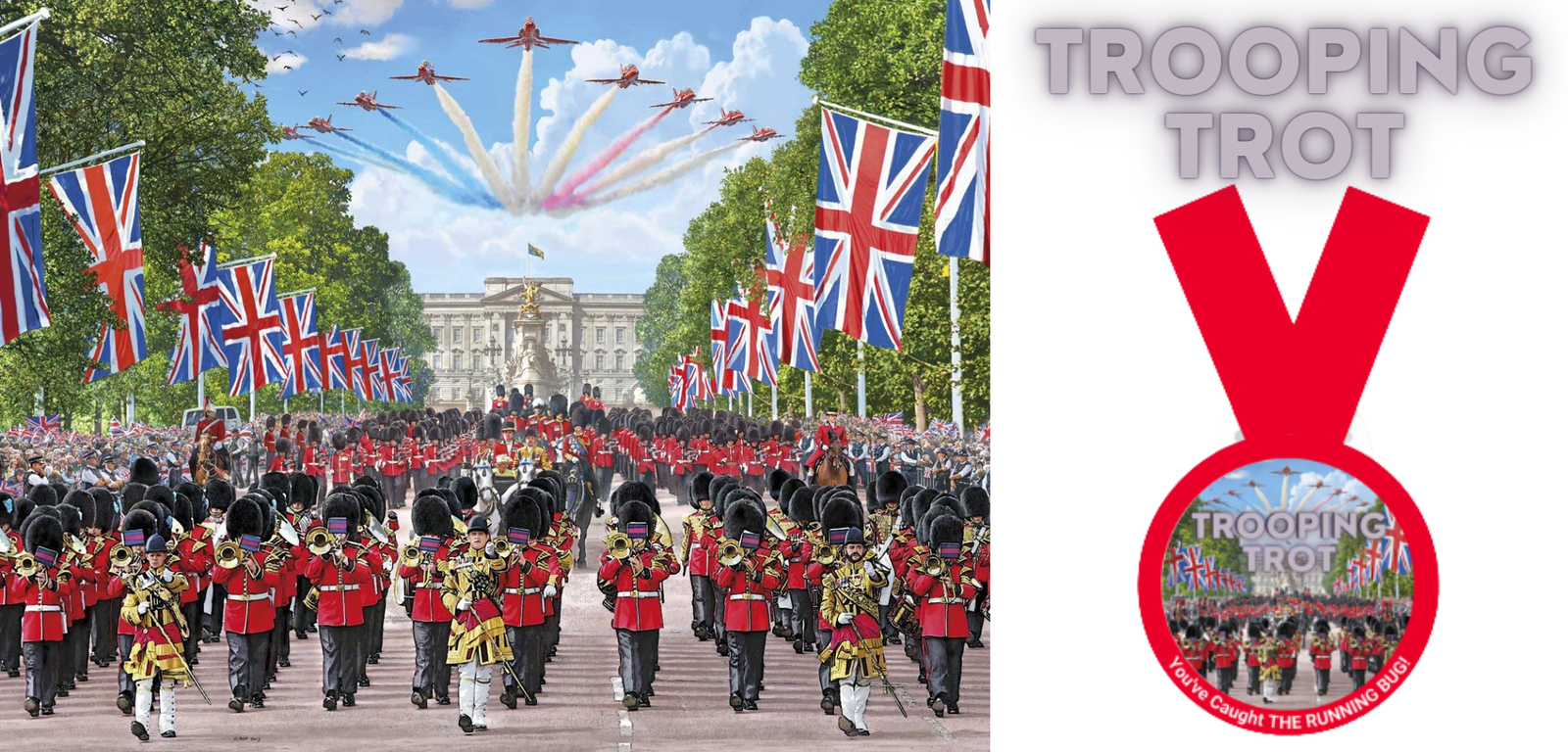 A large military parade with soldiers in red uniforms and black hats marching down a street lined with British flags. Jets fly overhead, leaving colorful trails in the sky. To the right, a "TROOPING TROT" medal is displayed with a red ribbon and colorful illustration.