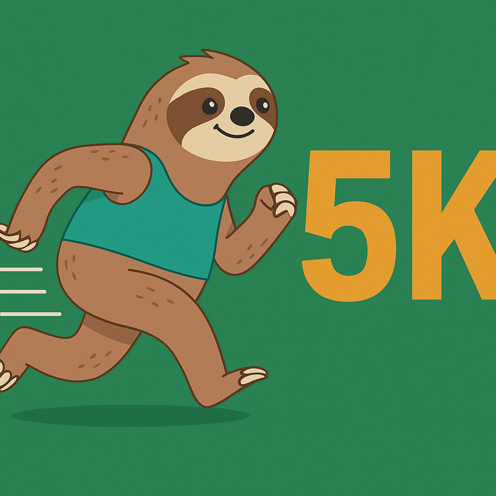 Cartoon illustration of a smiling sloth wearing a teal shirt, running energetically past large yellow text that reads "5K" on a green background, with motion lines behind it to show speed.