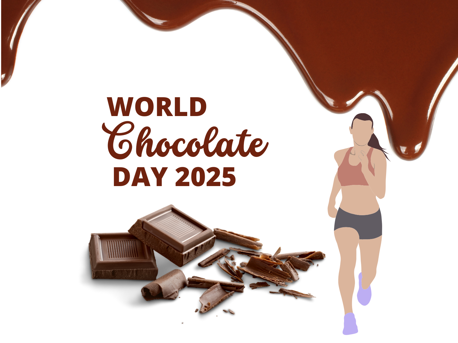 Illustration for World Chocolate Day 2025 featuring chocolate pieces and shavings, a runner in athletic wear, and melted chocolate dripping from the top against a white background.