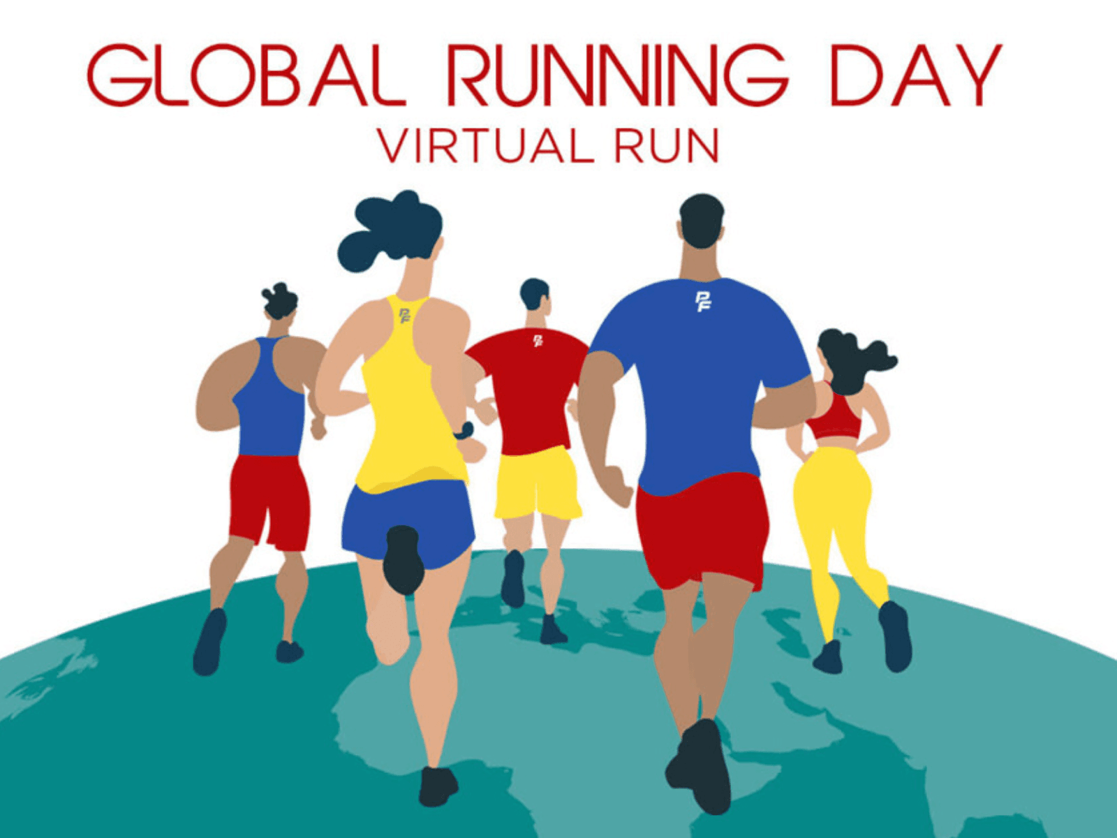 Illustration of five runners on a globe with "Global Running Day Virtual Run" text above. Individuals wear colorful athletic gear, emphasizing a sense of global participation and community in running.