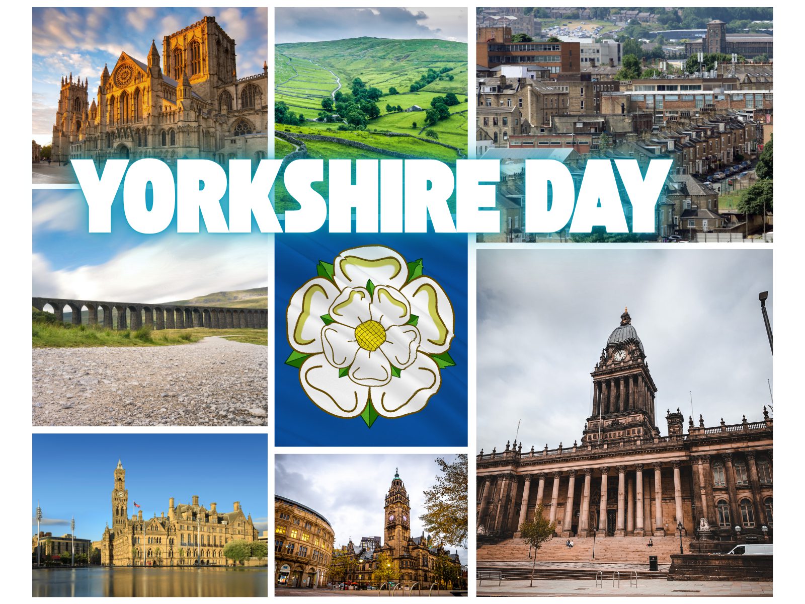 A collage celebrating Yorkshire Day features landmarks, scenic countryside, historic buildings, and the white rose of Yorkshire emblem in the center, with bold “Yorkshire Day” text overlaying the images.