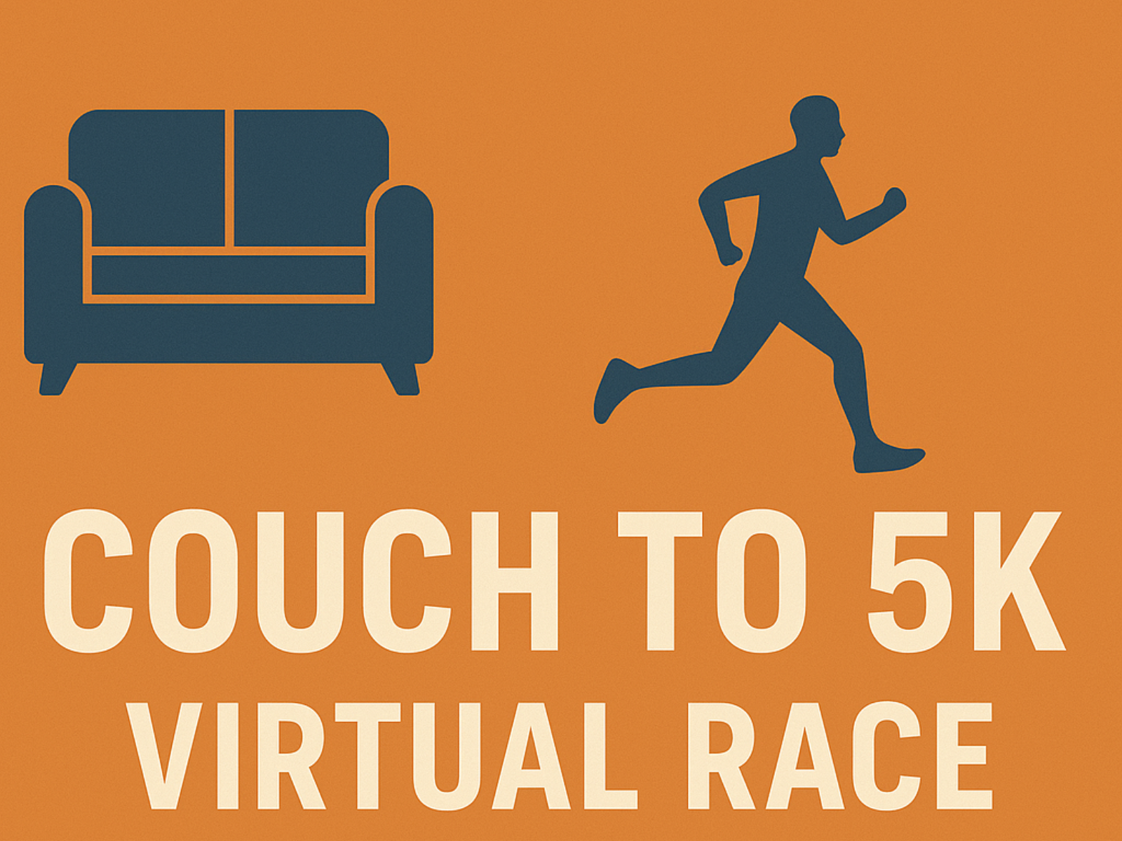 Graphic with a couch icon and a running person icon, featuring bold text that reads "COUCH TO 5K VIRTUAL RACE" on an orange background.