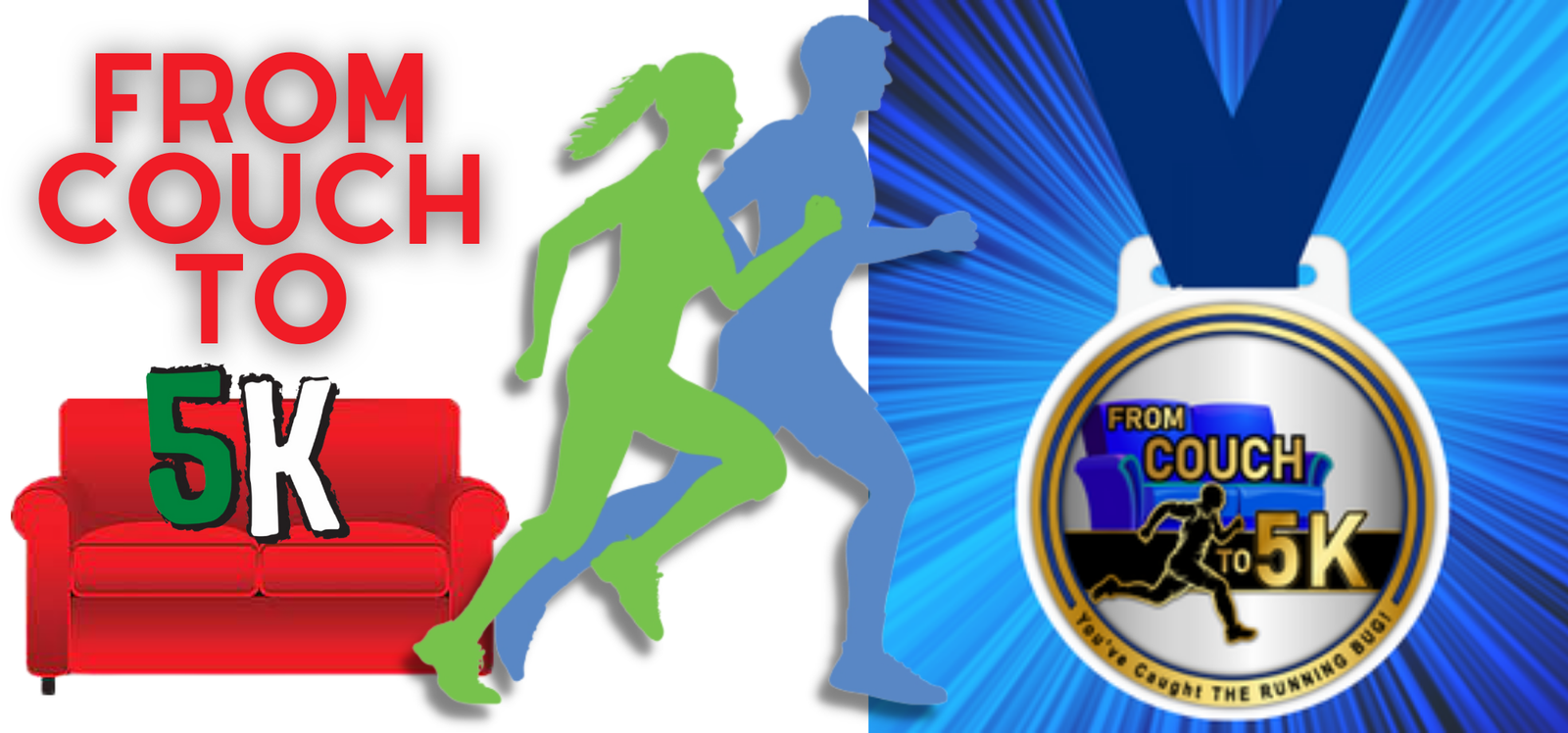 Illustration of a motivational "From Couch to 5K" theme. On the left, red couch with text "From Couch to 5K" and two running silhouettes (green and blue). On the right, a large running medal with the same text over a blue radial burst background.